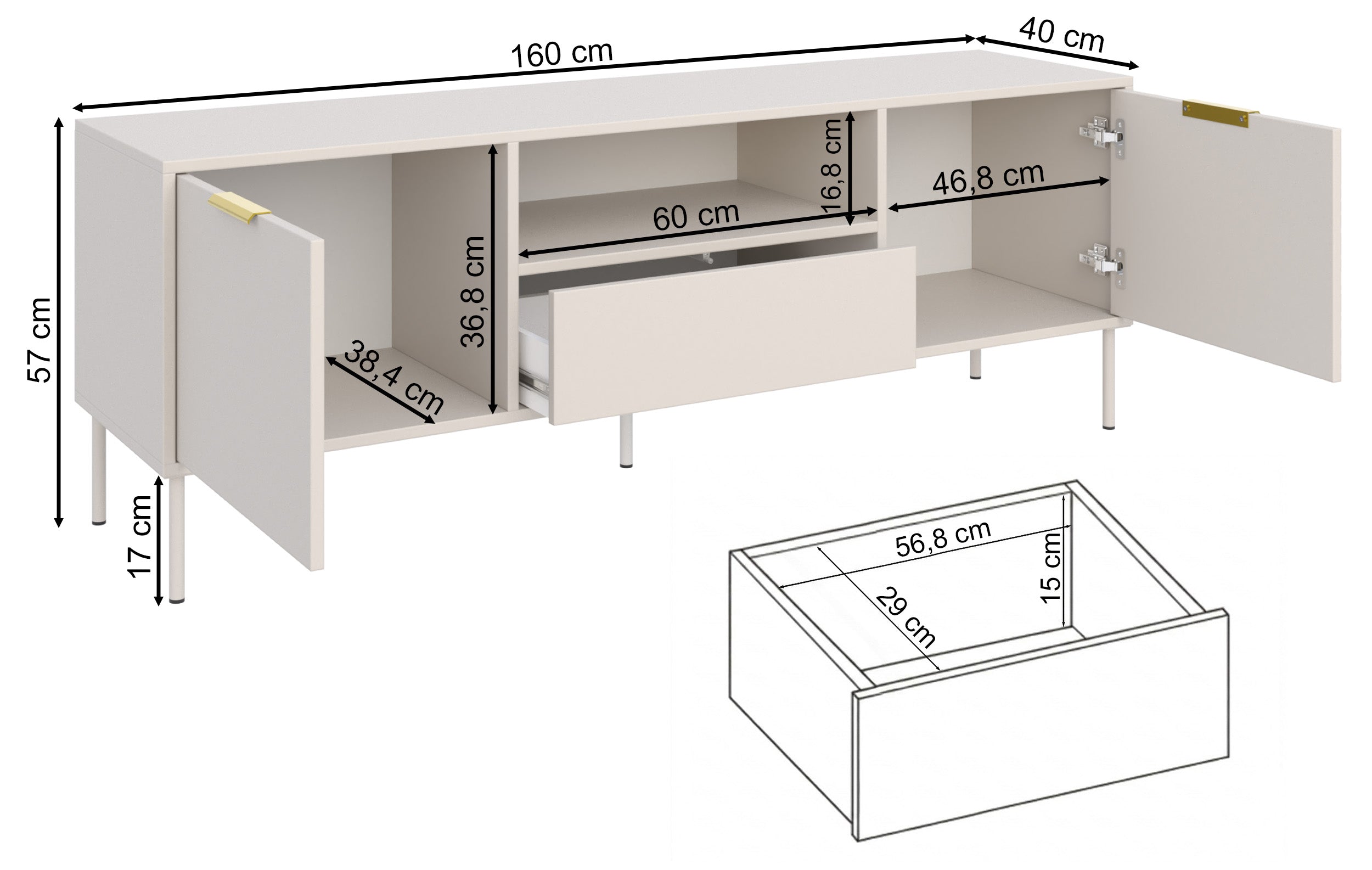 TV-Schrank Vena, zweitürig mit Schublade und Fach, 160 cm, schwarz