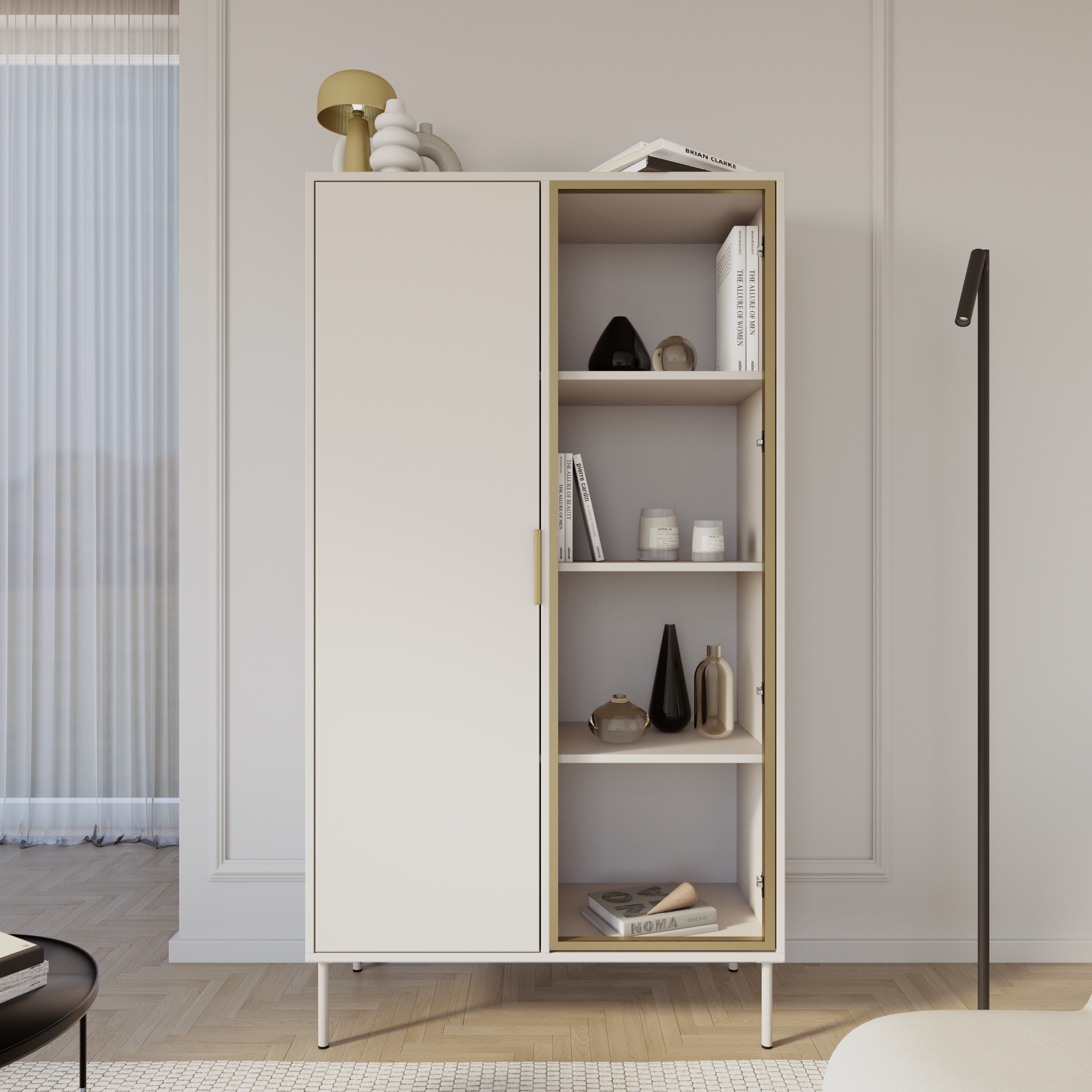 Zweiflügeliger Vena-Schrank mit 90 cm kaschmirfarbenem Glasfrontpanel