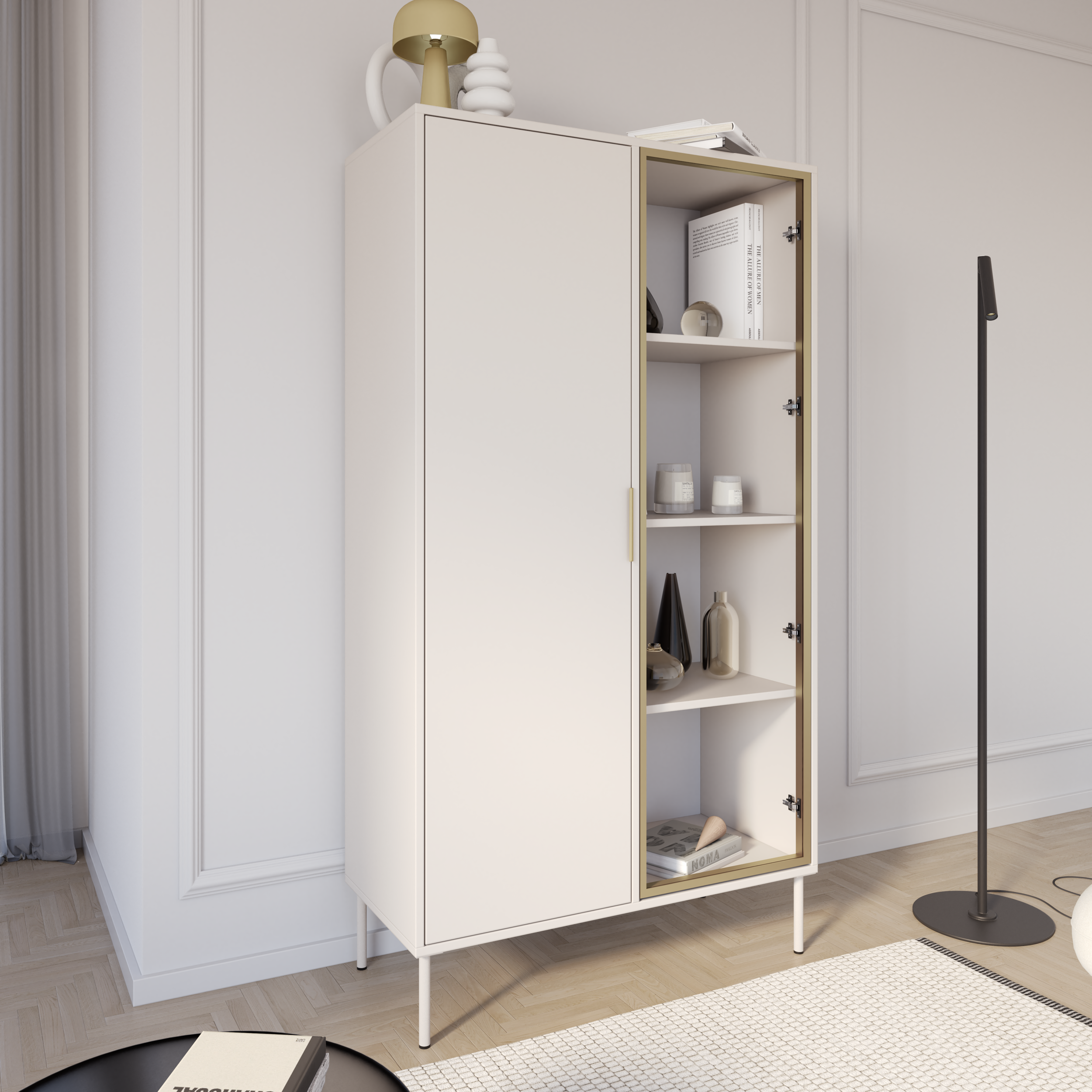 Zweiflügeliger Vena-Schrank mit 90 cm kaschmirfarbenem Glasfrontpanel