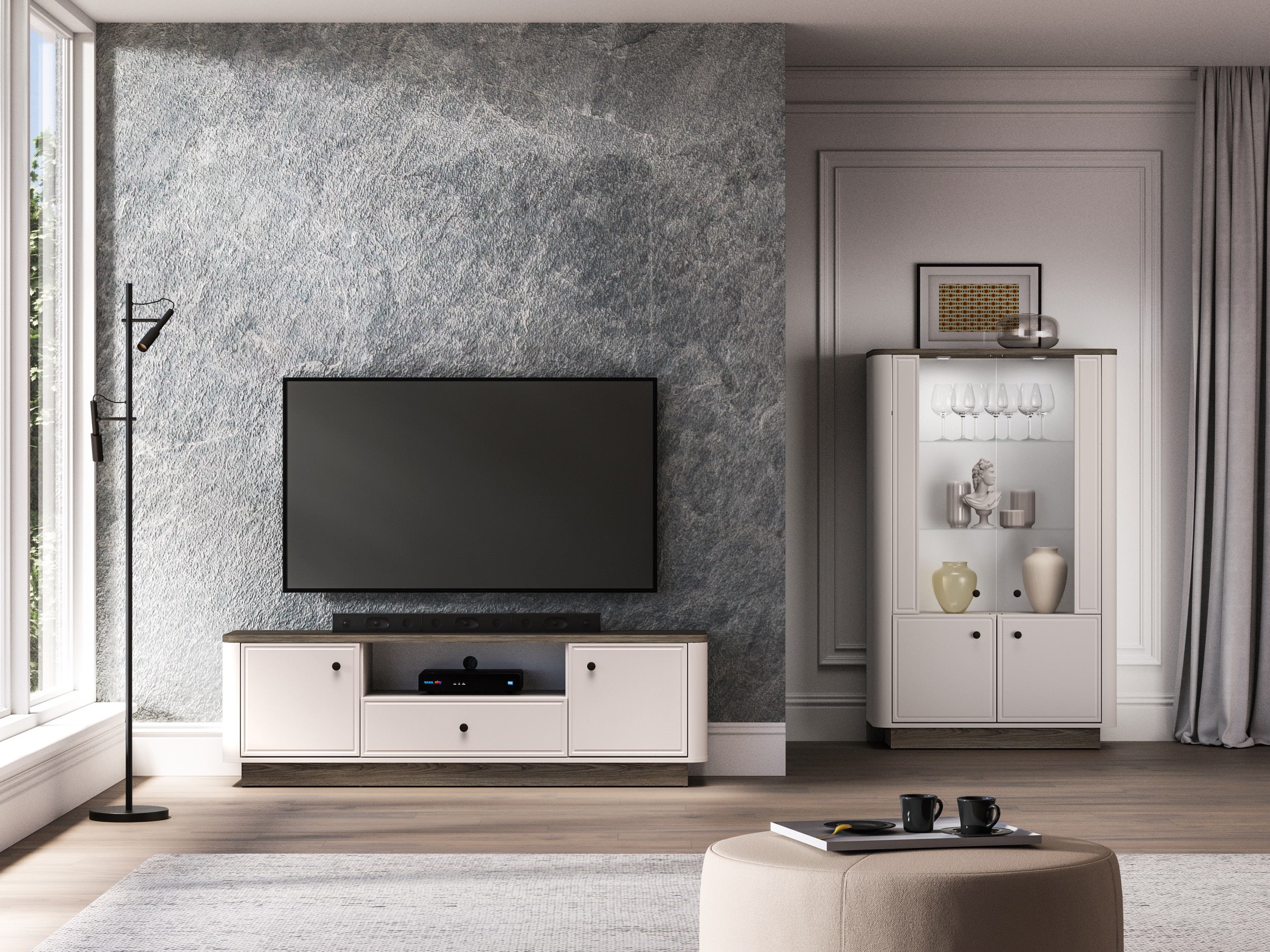 Zweiturige TV-Kommode Vilavio mit Schublade und Nische, 160 cm, Kaschmir/Dunkle Windmühle Eiche