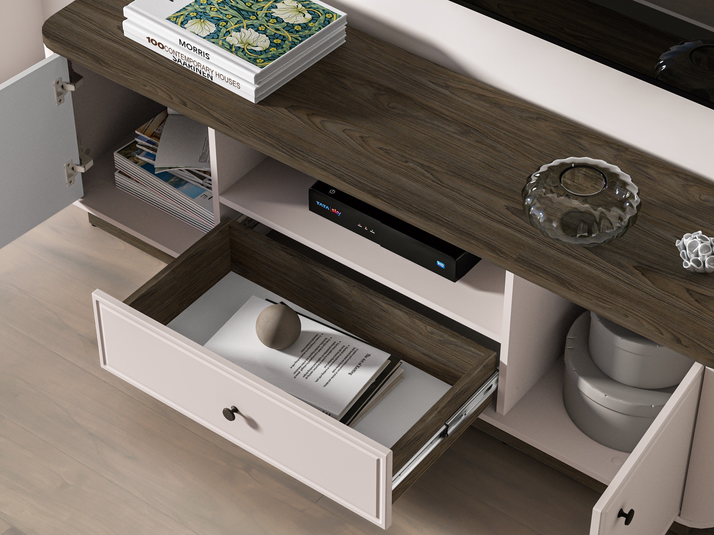 Zweiturige TV-Kommode Vilavio mit Schublade und Nische, 160 cm, Kaschmir/Dunkle Windmühle Eiche