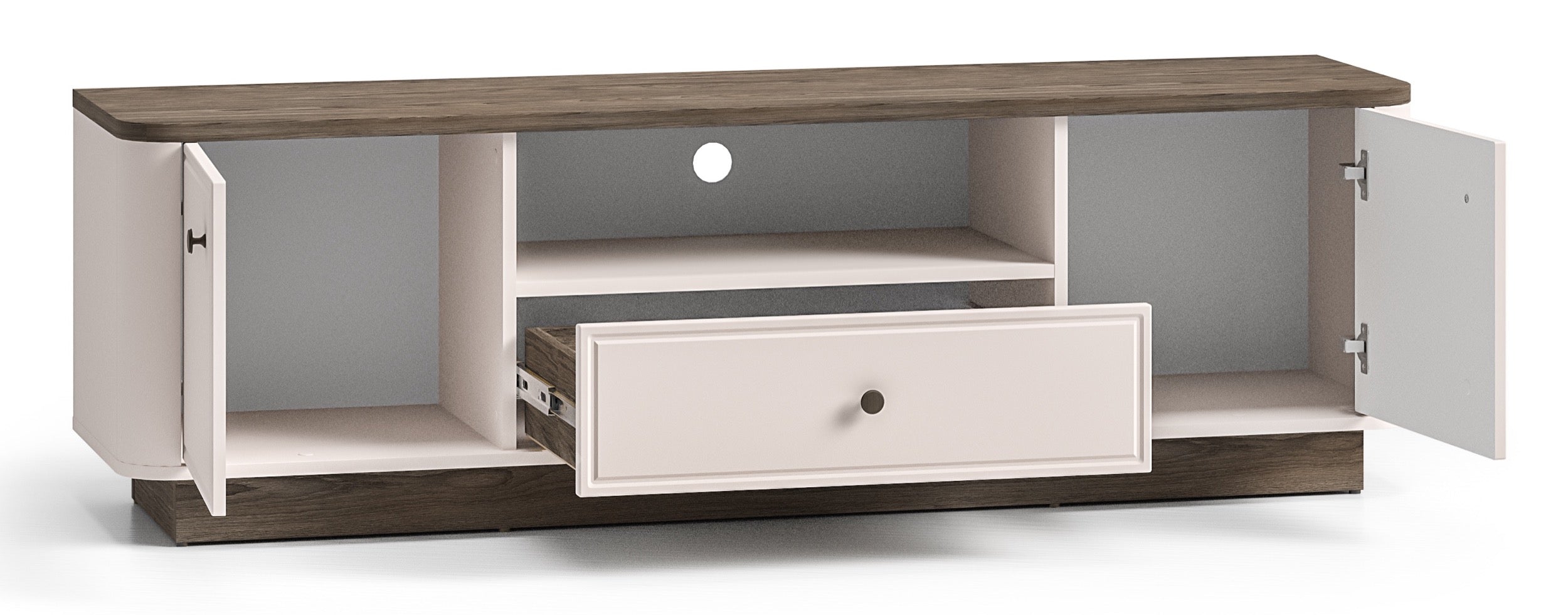 Zweiturige TV-Kommode Vilavio mit Schublade und Nische, 160 cm, Kaschmir/Dunkle Windmühle Eiche