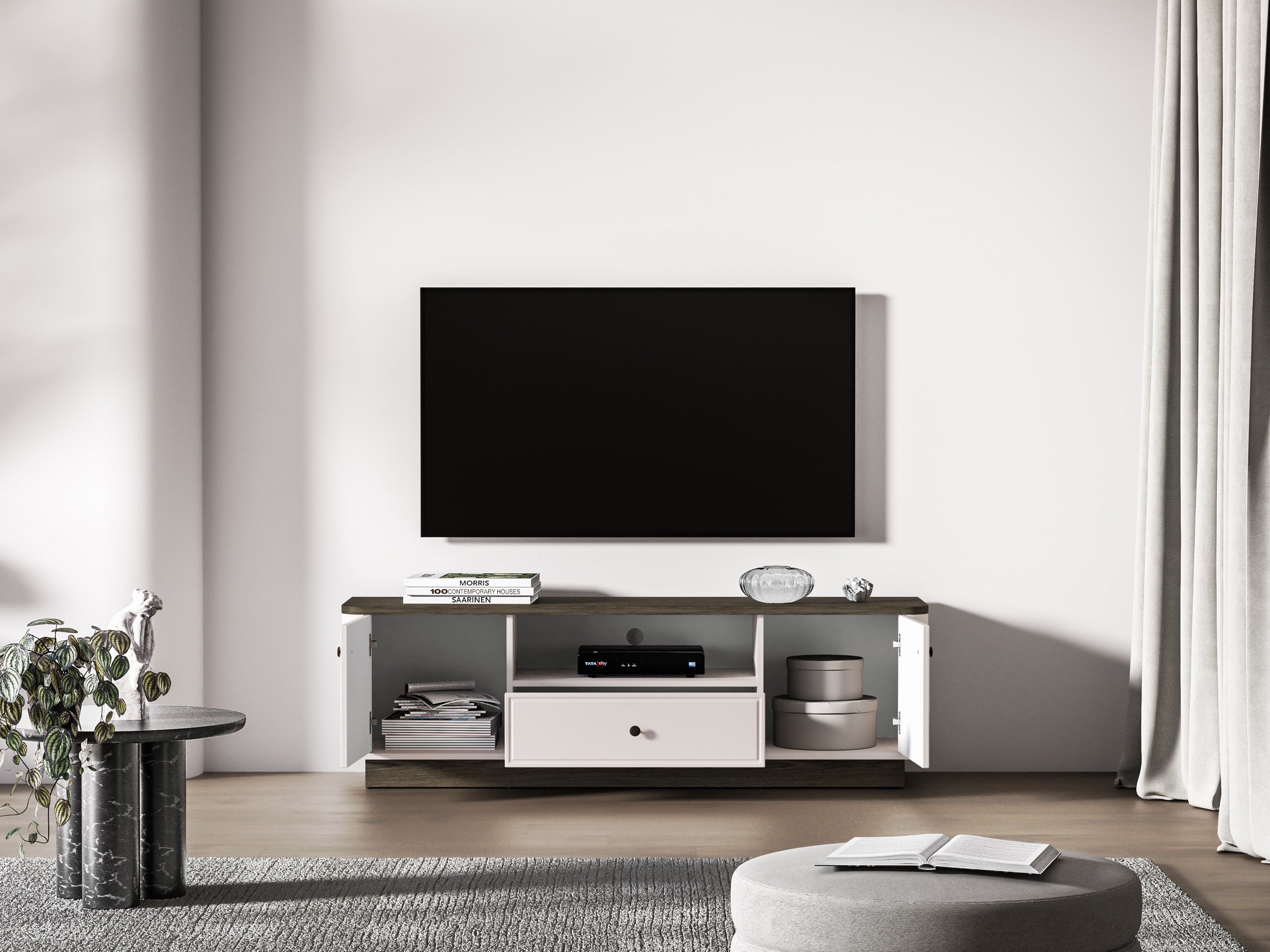 Zweiturige TV-Kommode Vilavio mit Schublade und Nische, 160 cm, Kaschmir/Dunkle Windmühle Eiche
