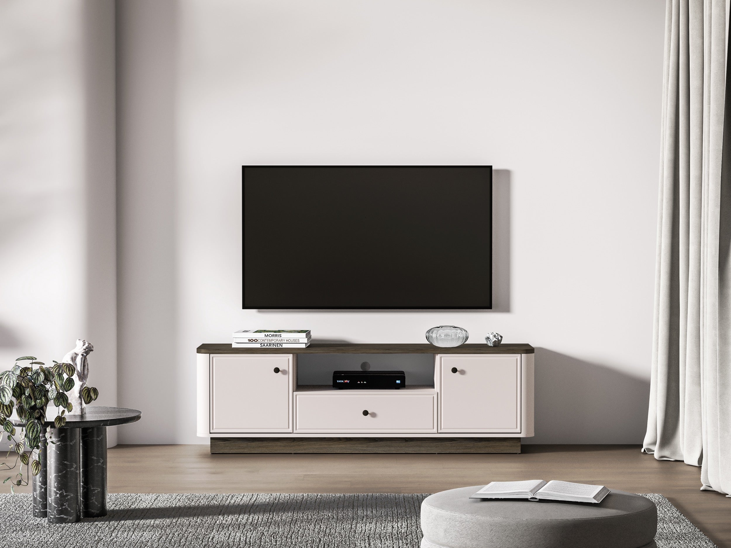 Zweiturige TV-Kommode Vilavio mit Schublade und Nische, 160 cm, Kaschmir/Dunkle Windmühle Eiche