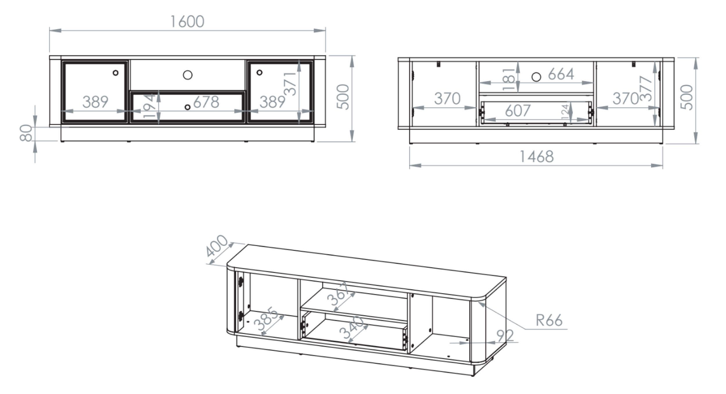 Zweiturige TV-Kommode Vilavio mit Schublade und Nische, 160 cm, Kaschmir/Dunkle Windmühle Eiche