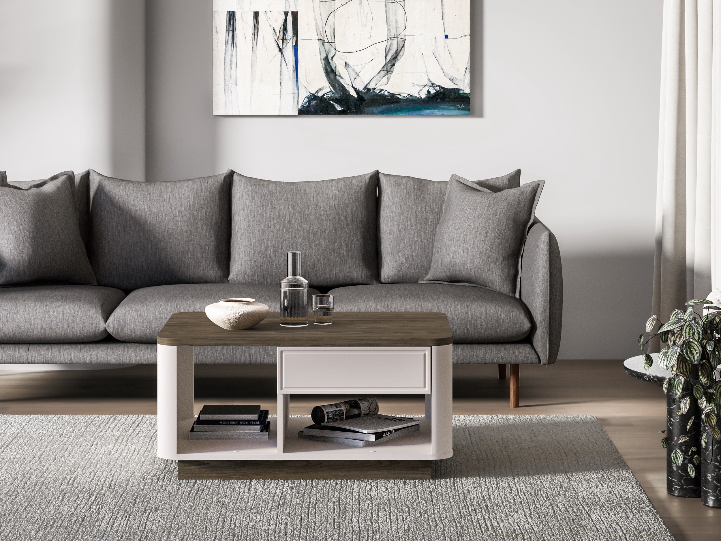 Couchtisch Vilavio mit Schublade und Fächern 60x90 cm Kaschmir/Eiche Windmill Dark