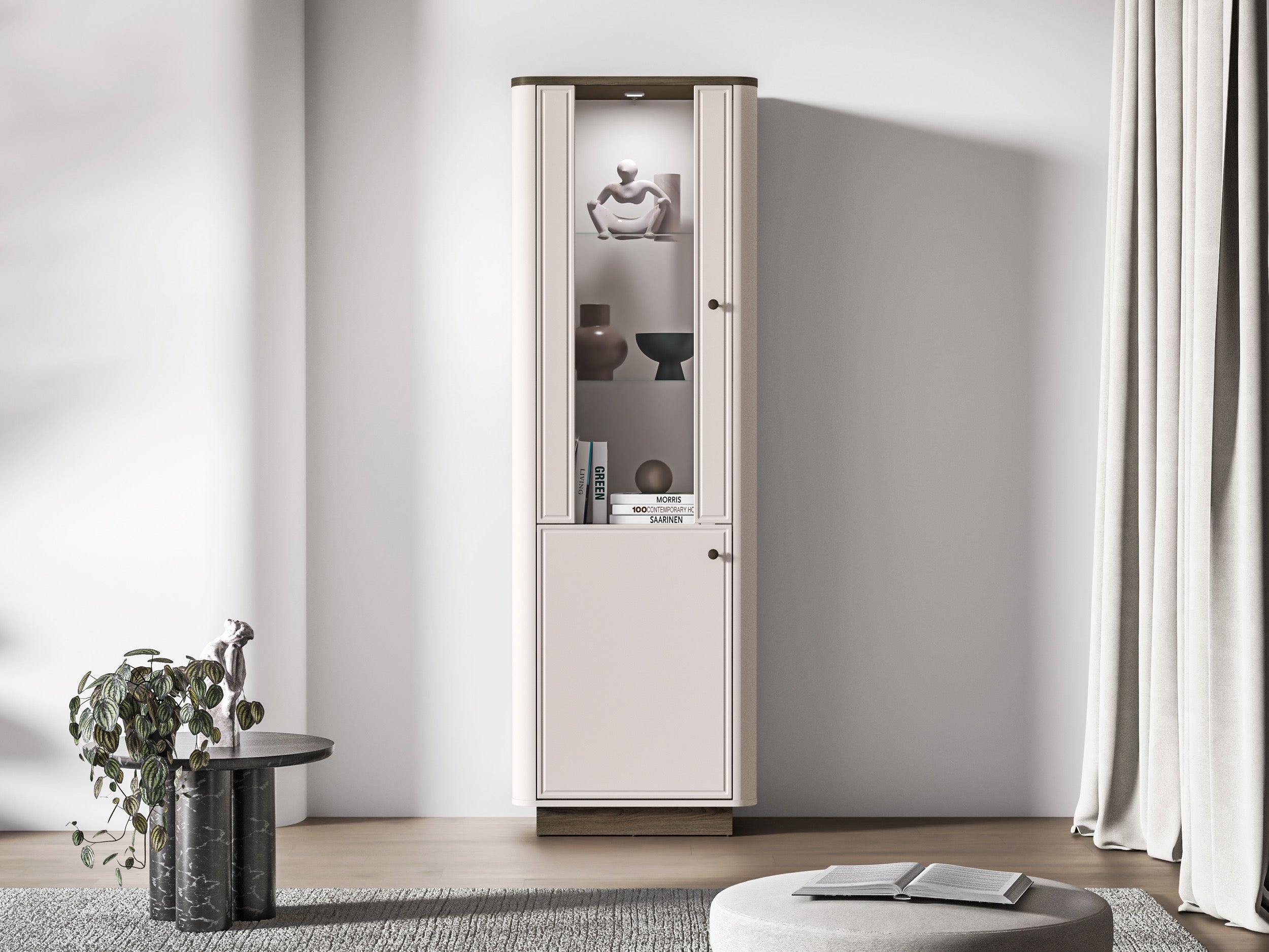 Hohe Vitrine Vilavio mit zwei Türen und Beleuchtung, 65 cm, Kaschmir/Eiche Windmill Dark