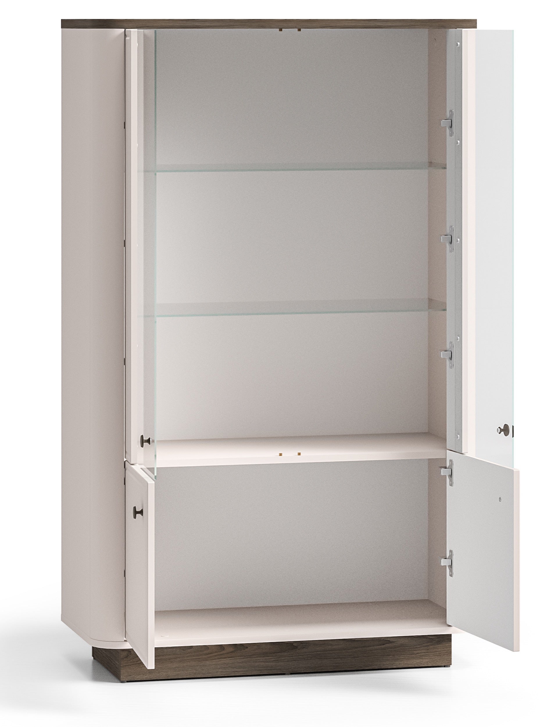 Niedriger Vitrinenschrank Vilavio mit vier Türen und Beleuchtung, 92 cm, Kaschmir/Eiche Windmill Dark