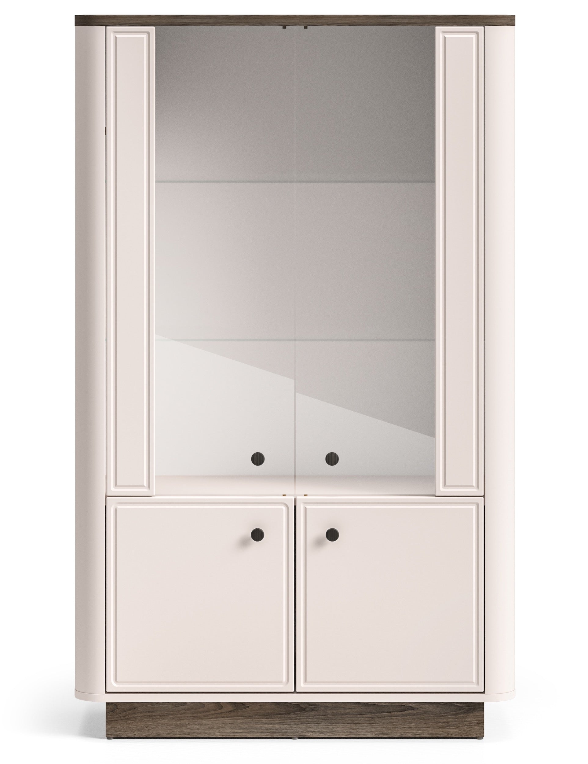 Niedriger Vitrinenschrank Vilavio mit vier Türen und Beleuchtung, 92 cm, Kaschmir/Eiche Windmill Dark