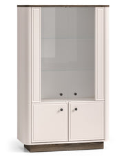 Niedriger Vitrinenschrank Vilavio mit vier Türen und Beleuchtung, 92 cm, Kaschmir/Eiche Windmill Dark