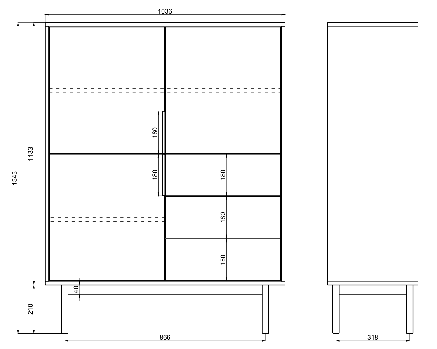 Hohes Viviaro Sideboard mit drei Türen und drei Schubladen, 104 cm, Kaschmir
