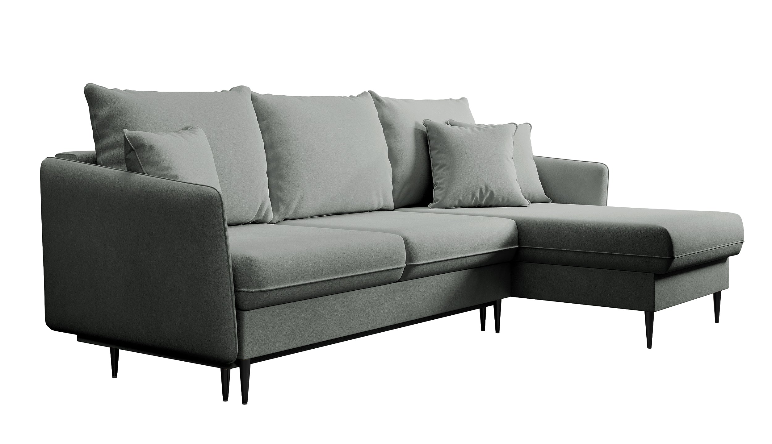 Ecksofa mit Schlaffunktion Volio, grauer wasserabweisender Samt, schwarze Beine