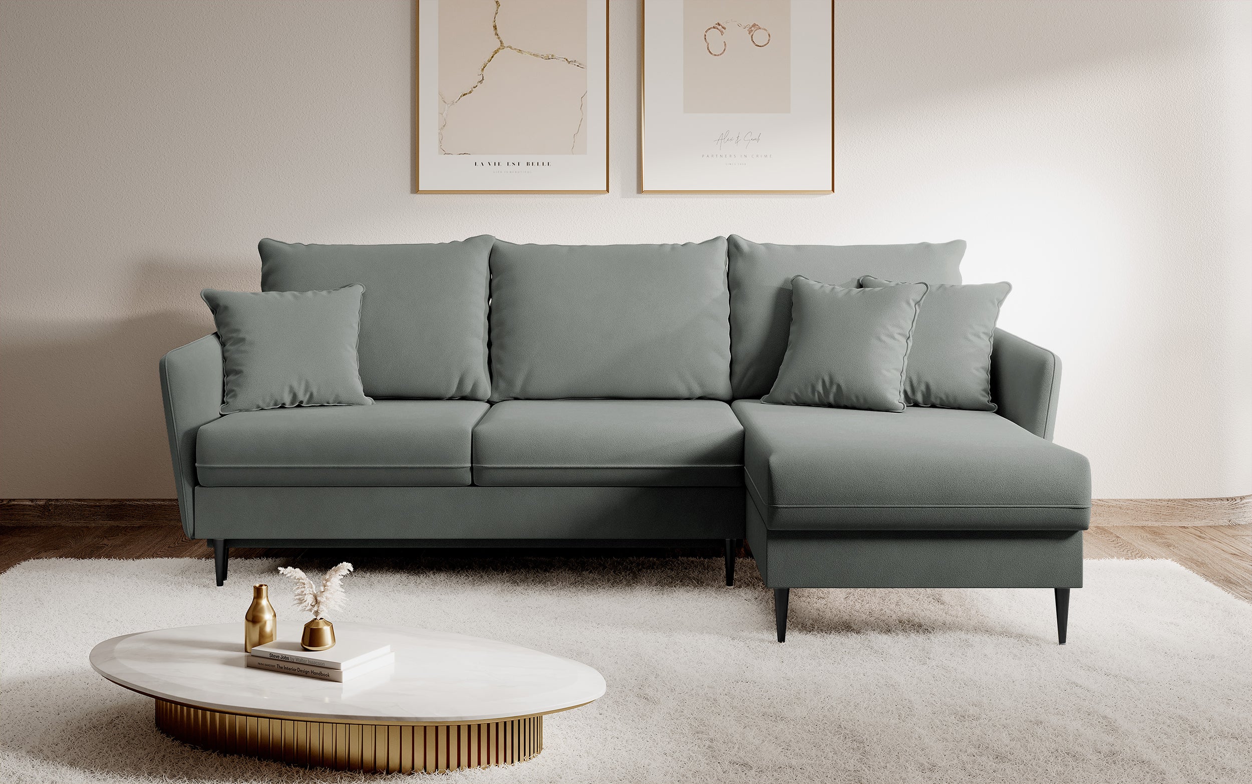 Ecksofa mit Schlaffunktion Volio, grauer wasserabweisender Samt, schwarze Beine