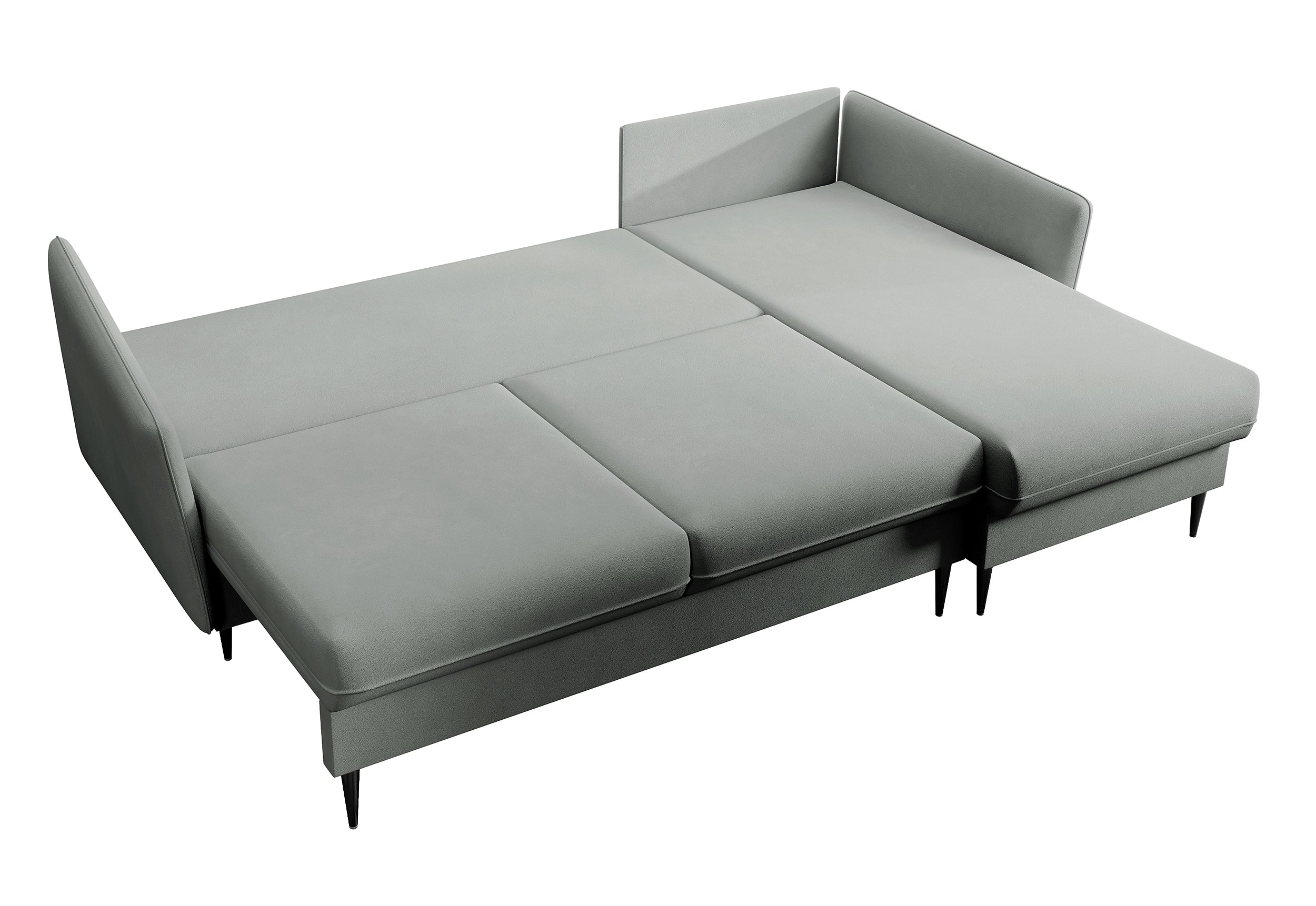 Ecksofa mit Schlaffunktion Volio, grauer wasserabweisender Samt, schwarze Beine