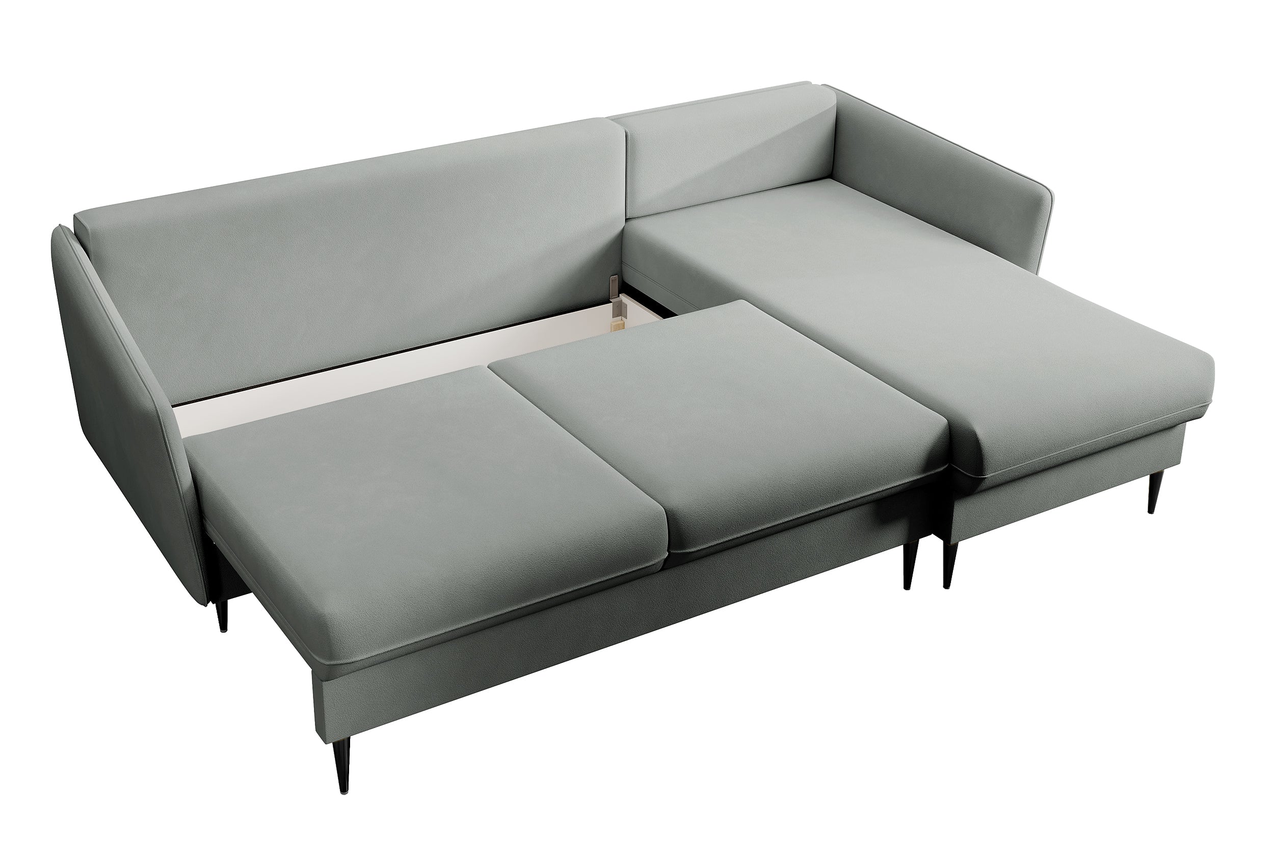 Ecksofa mit Schlaffunktion Volio, grauer wasserabweisender Samt, schwarze Beine