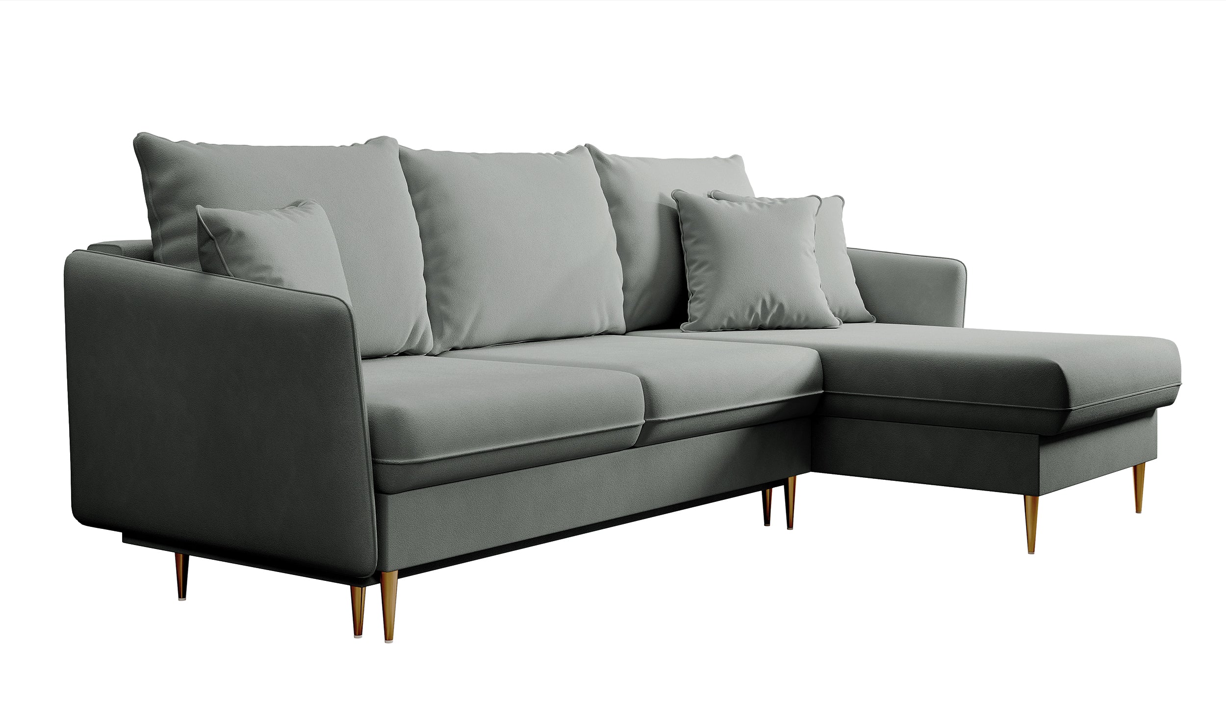 Ecksofa mit Schlaffunktion Volio, grauer wasserabweisender Samt, goldene Beine