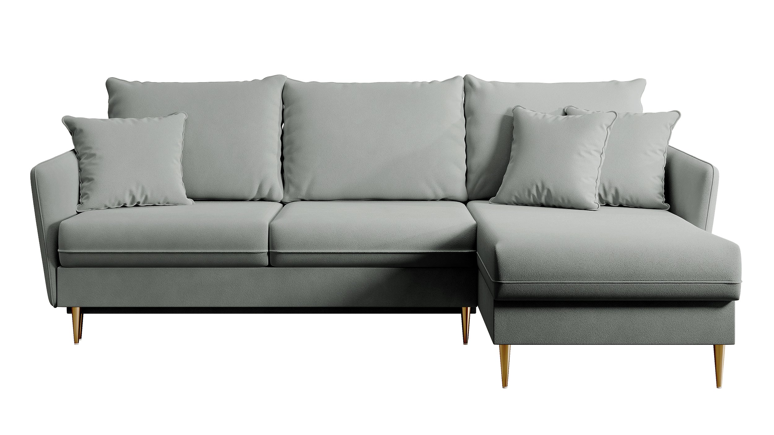 Ecksofa mit Schlaffunktion Volio, grauer wasserabweisender Samt, goldene Beine