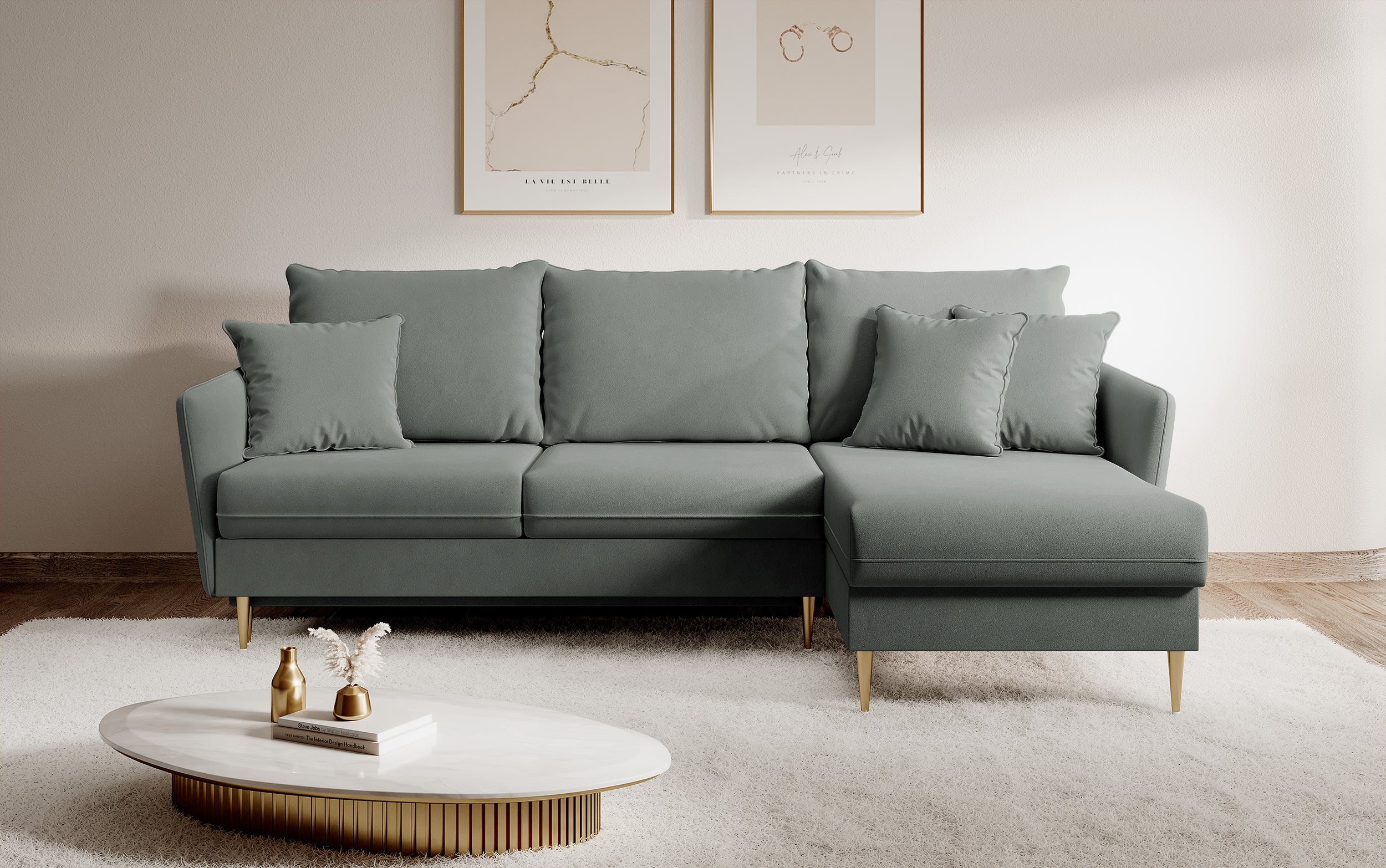 Ecksofa mit Schlaffunktion Volio, grauer wasserabweisender Samt, goldene Beine