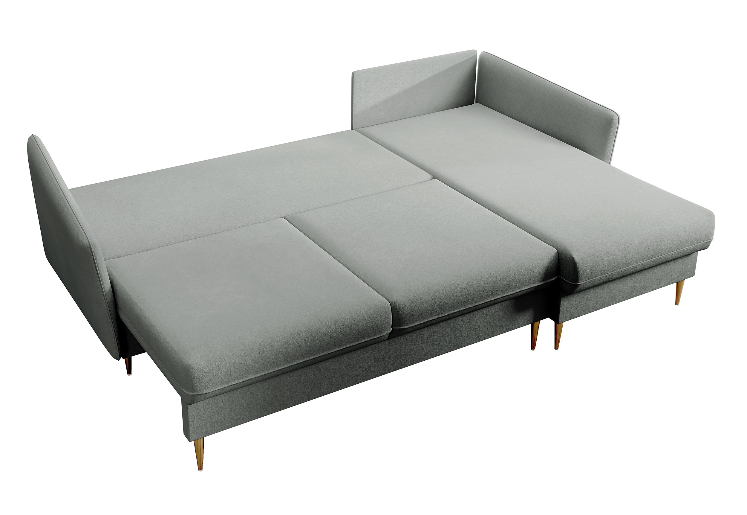 Ecksofa mit Schlaffunktion Volio, grauer wasserabweisender Samt, goldene Beine