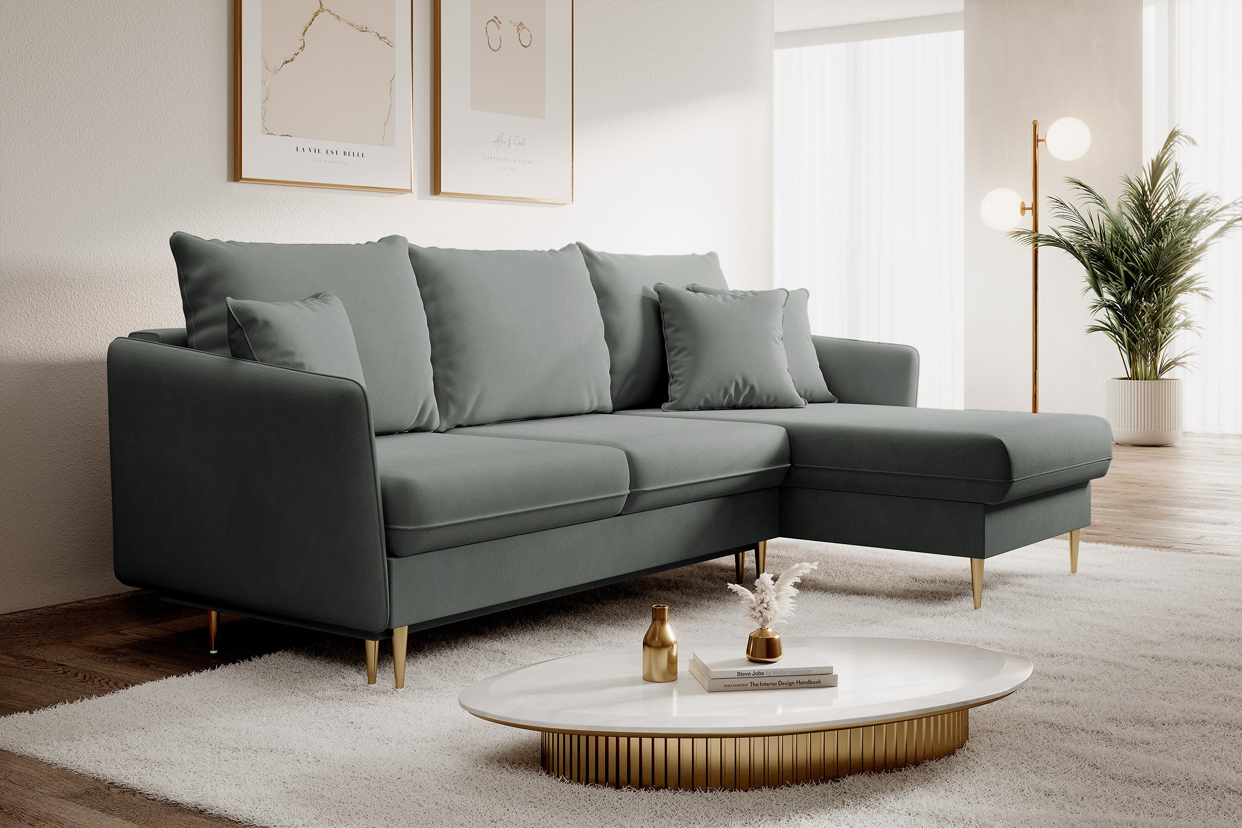 Ecksofa mit Schlaffunktion Volio, grauer wasserabweisender Samt, goldene Beine