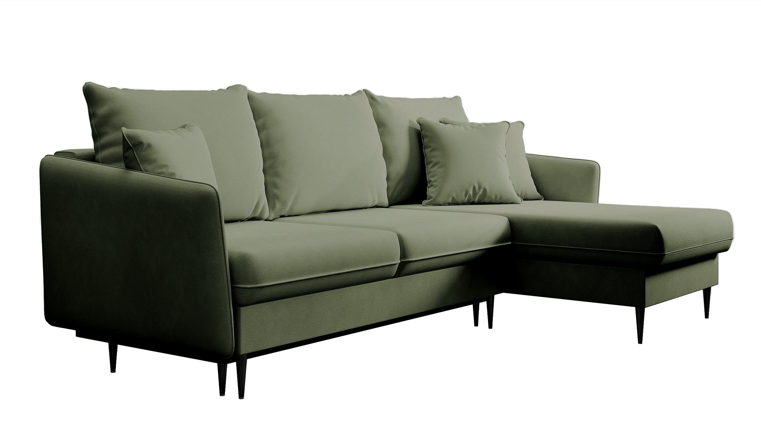 Ecksofa mit Schlaffunktion Volio, salbeigrüner, wasserabweisender Samt, universell, schwarze Beine
