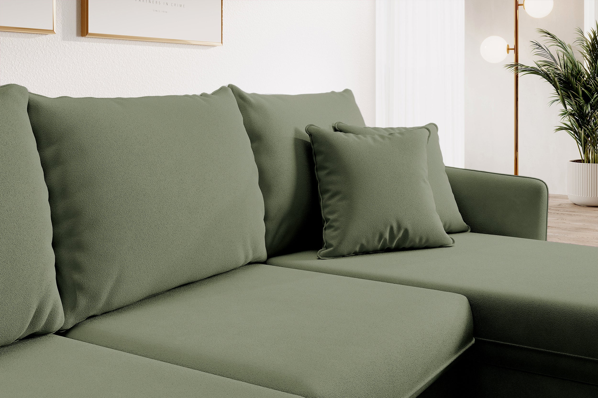 Ecksofa mit Schlaffunktion Volio, salbeigrüner, wasserabweisender Samt, universell, schwarze Beine