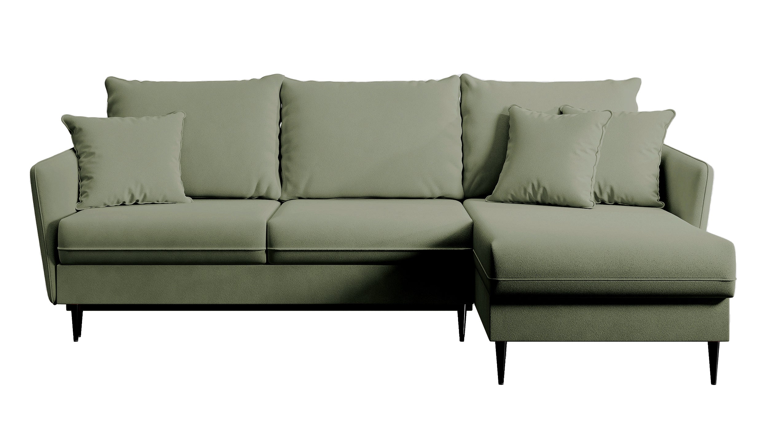 Ecksofa mit Schlaffunktion Volio, salbeigrüner, wasserabweisender Samt, universell, schwarze Beine