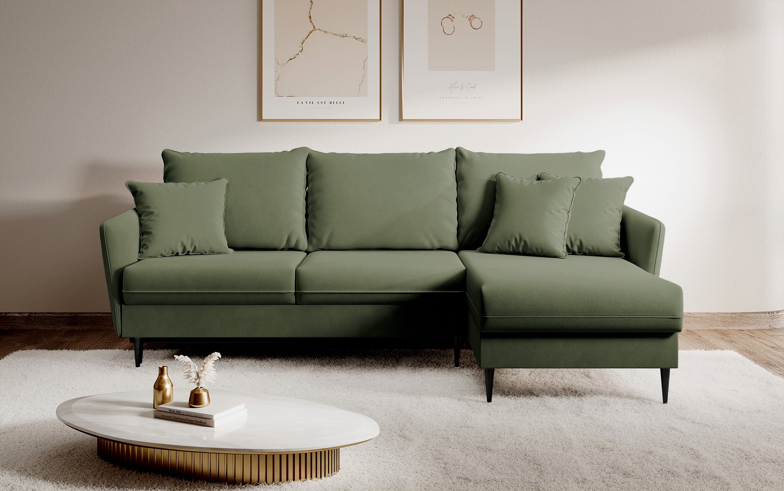 Ecksofa mit Schlaffunktion Volio, salbeigrüner, wasserabweisender Samt, universell, schwarze Beine