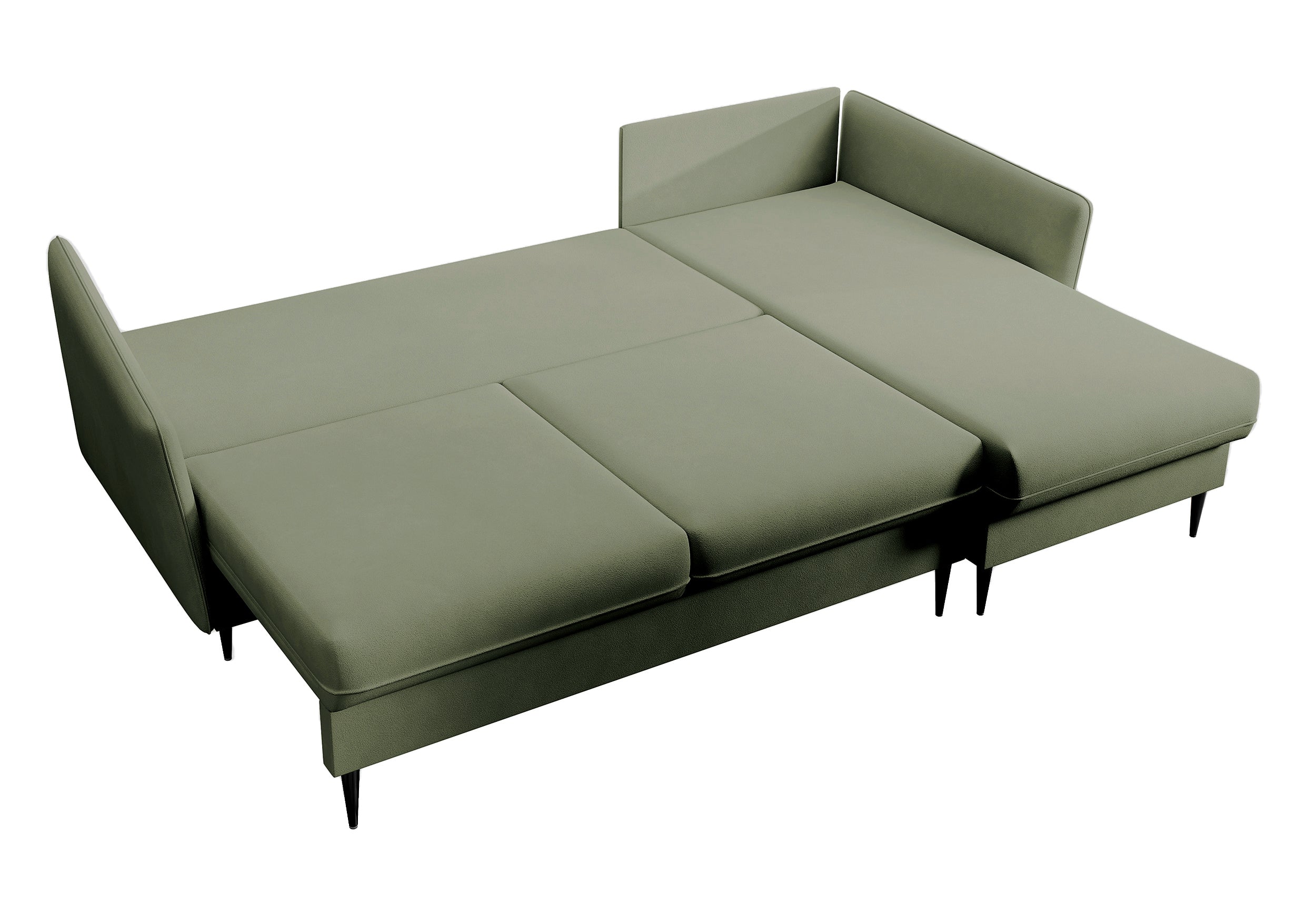 Ecksofa mit Schlaffunktion Volio, salbeigrüner, wasserabweisender Samt, universell, schwarze Beine