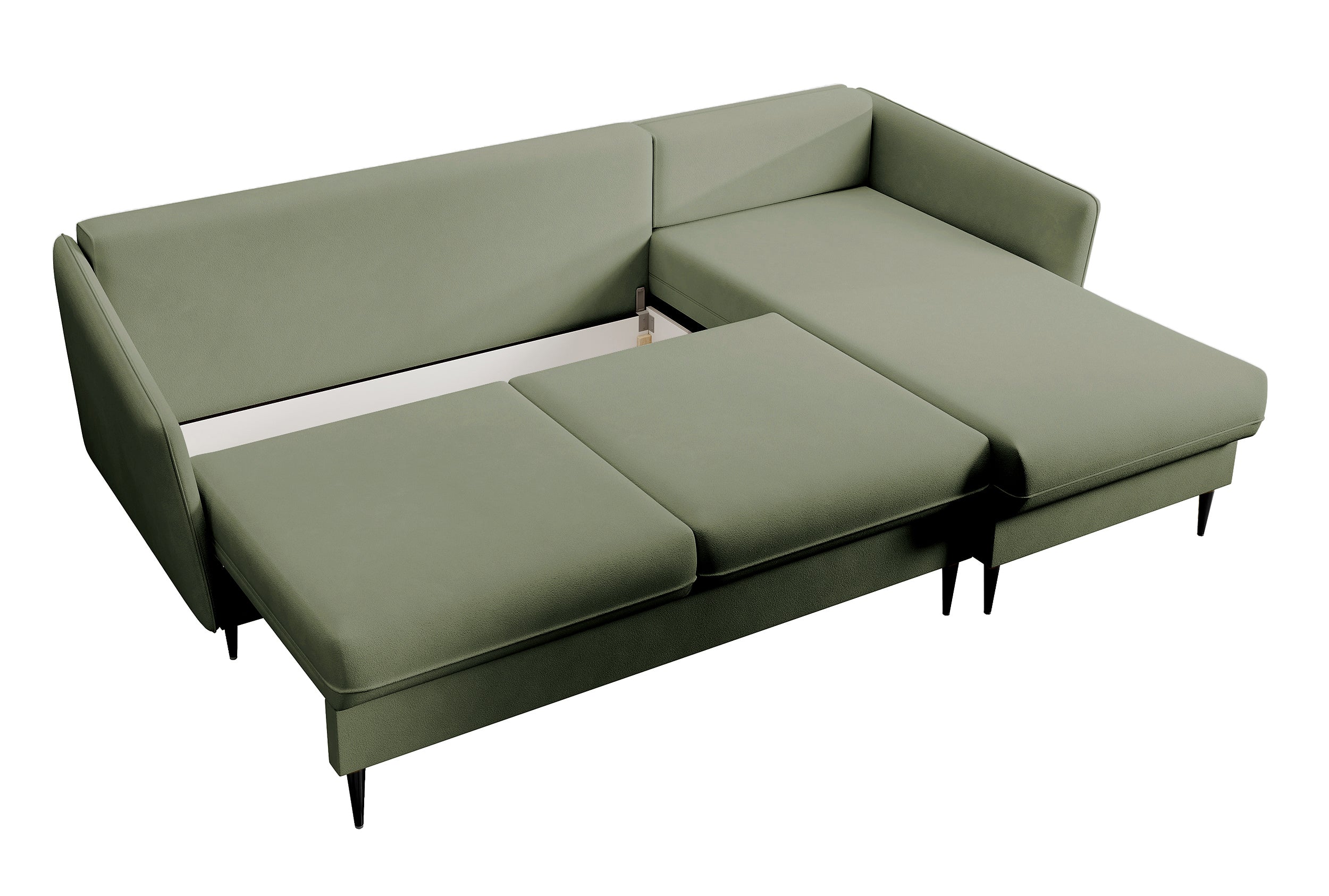 Ecksofa mit Schlaffunktion Volio, salbeigrüner, wasserabweisender Samt, universell, schwarze Beine