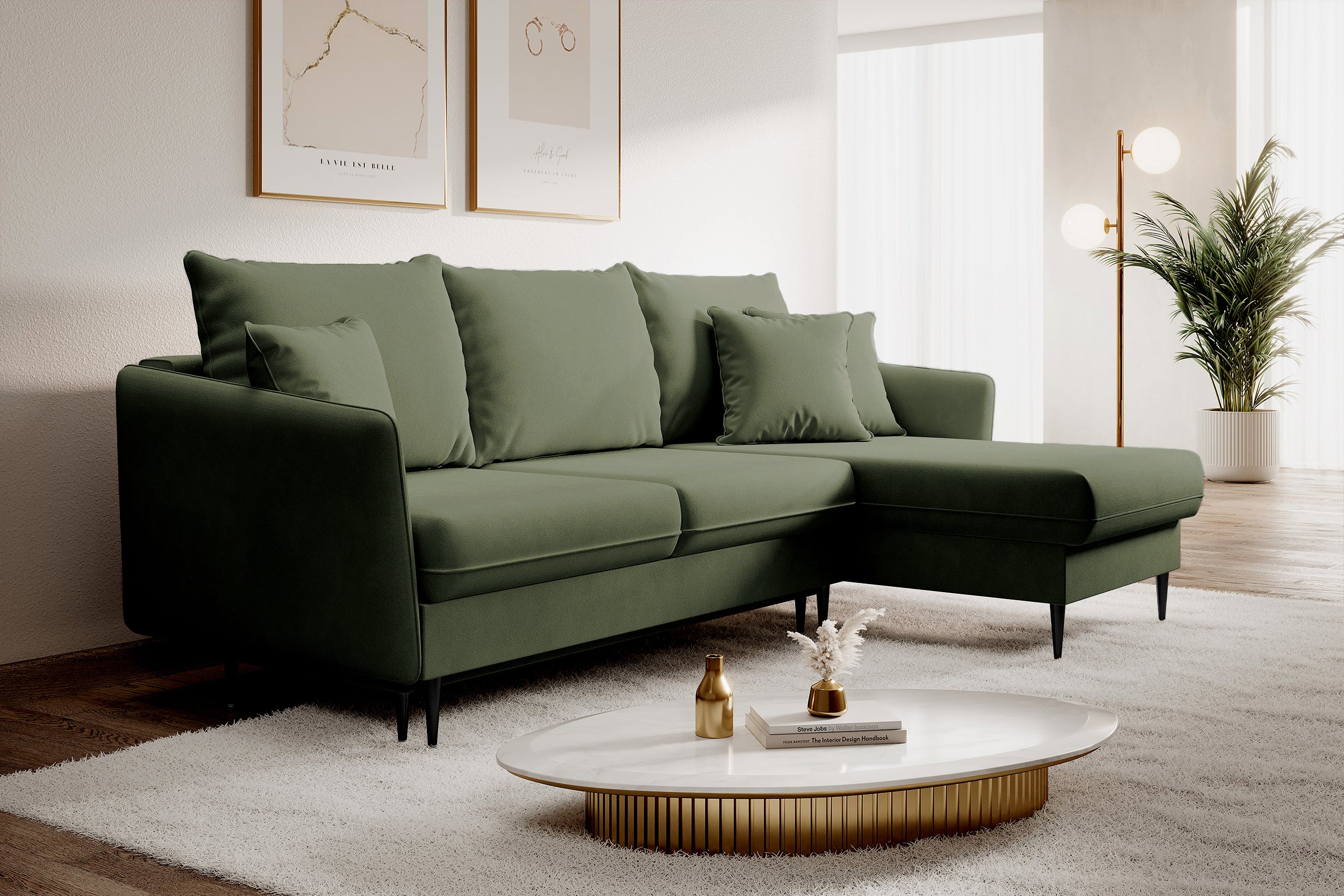 Ecksofa mit Schlaffunktion Volio, salbeigrüner, wasserabweisender Samt, universell, schwarze Beine