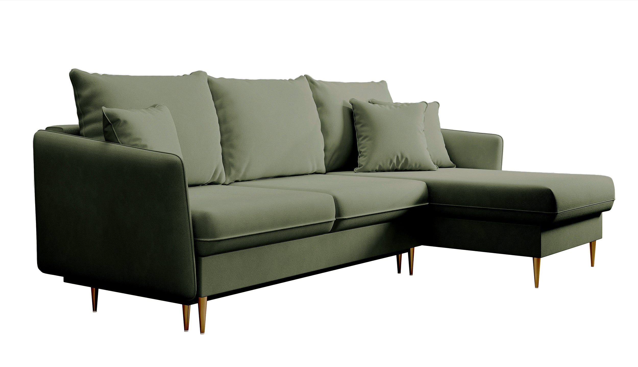 Ecksofa mit Schlaffunktion Volio, salbeigrüner wasserabweisender Samt, universell, goldene Beine