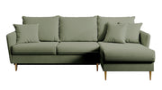 Ecksofa mit Schlaffunktion Volio, salbeigrüner wasserabweisender Samt, universell, goldene Beine