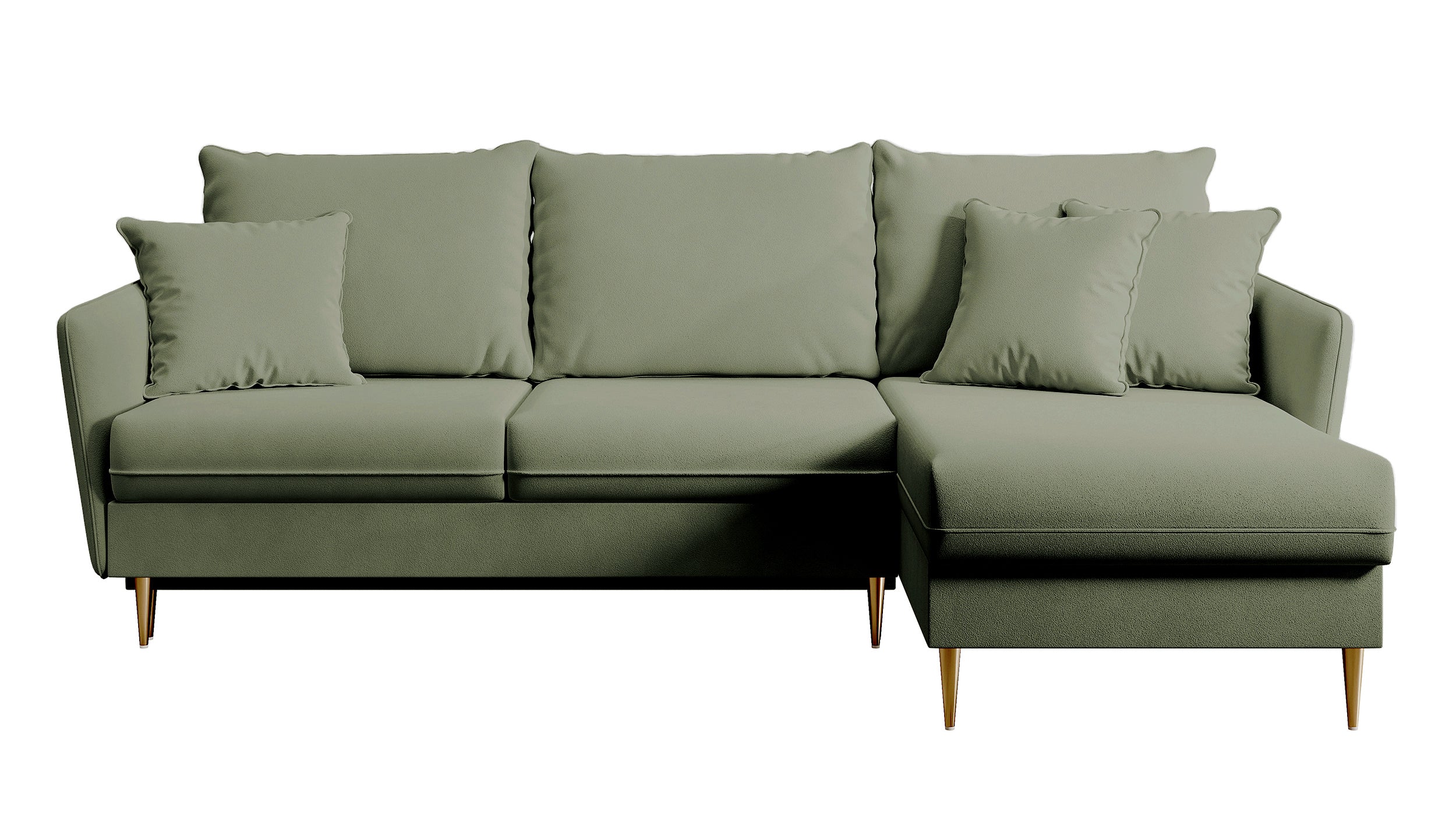 Ecksofa mit Schlaffunktion Volio, salbeigrüner wasserabweisender Samt, universell, goldene Beine