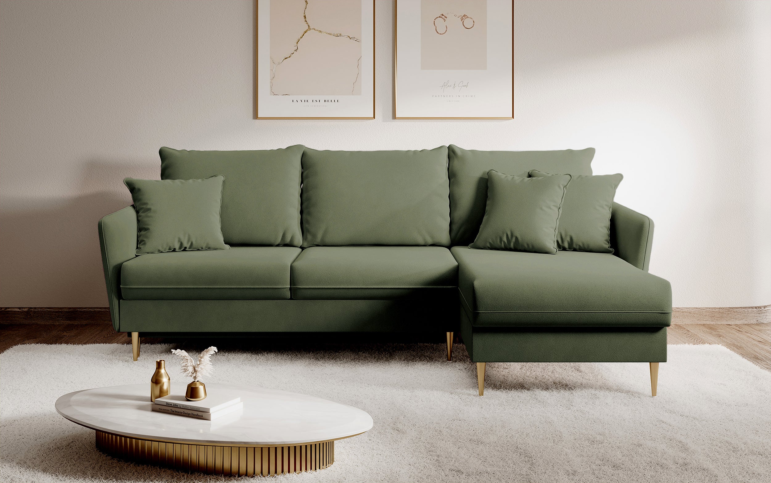 Ecksofa mit Schlaffunktion Volio, salbeigrüner wasserabweisender Samt, universell, goldene Beine