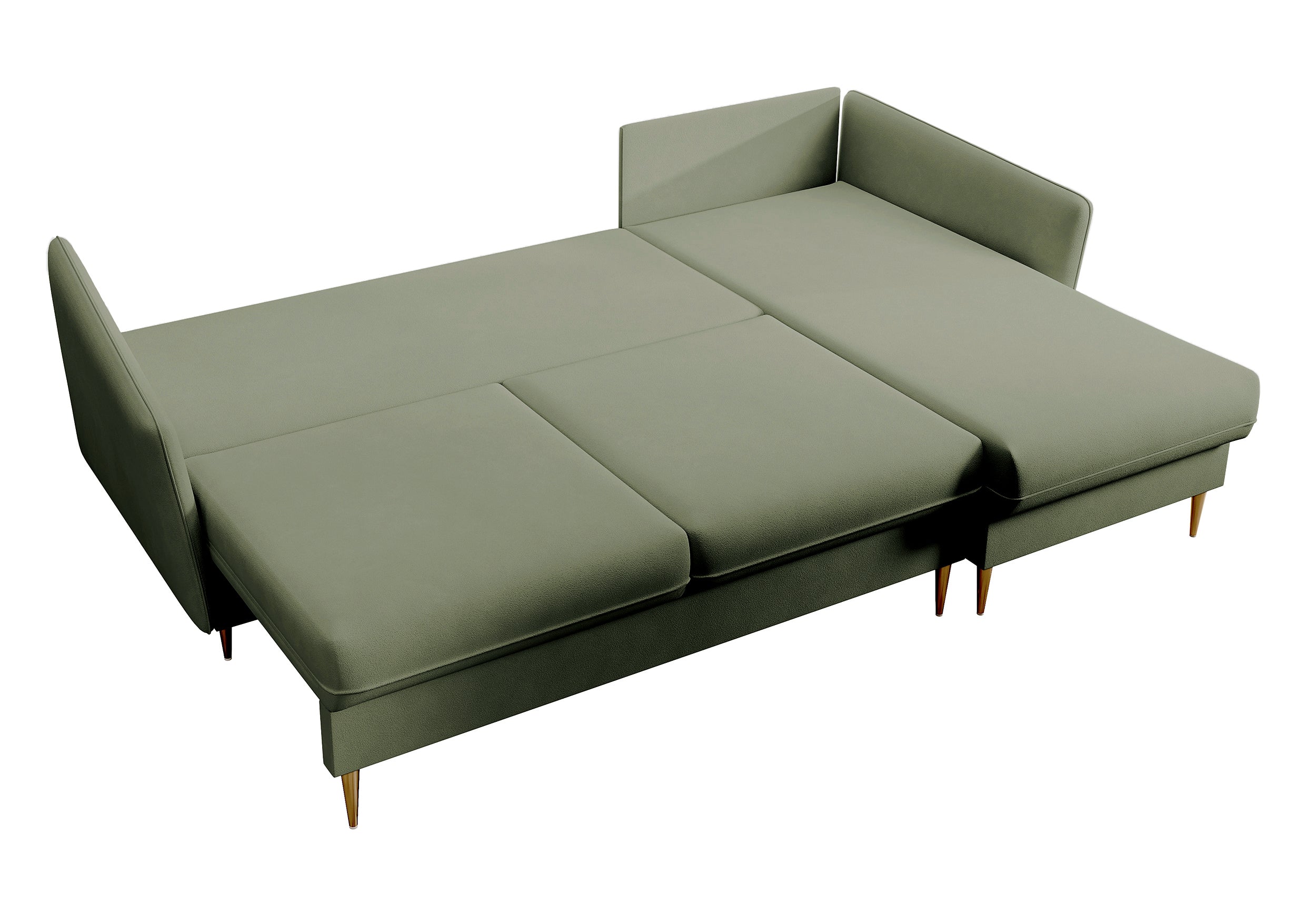 Ecksofa mit Schlaffunktion Volio, salbeigrüner wasserabweisender Samt, universell, goldene Beine
