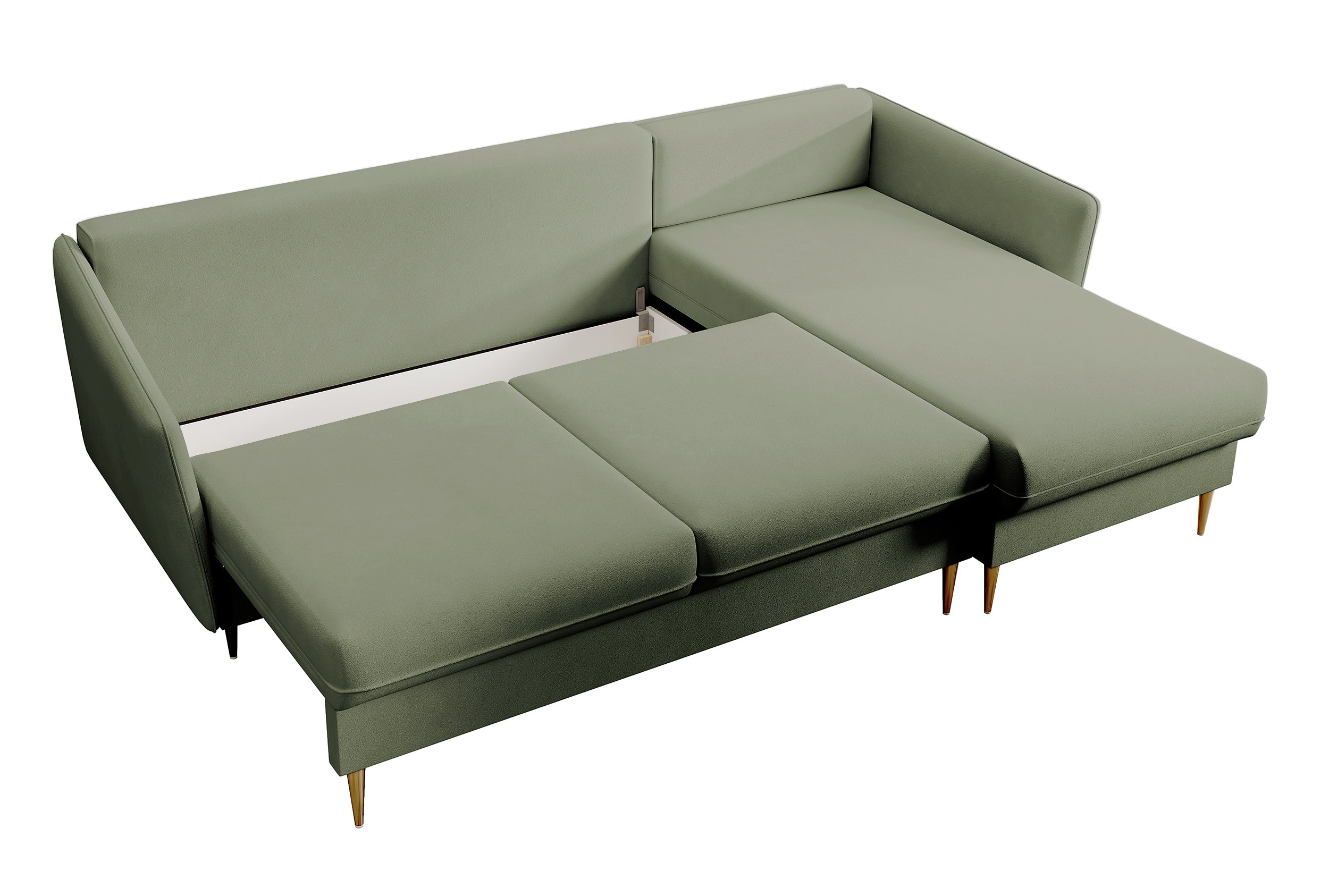 Ecksofa mit Schlaffunktion Volio, salbeigrüner wasserabweisender Samt, universell, goldene Beine