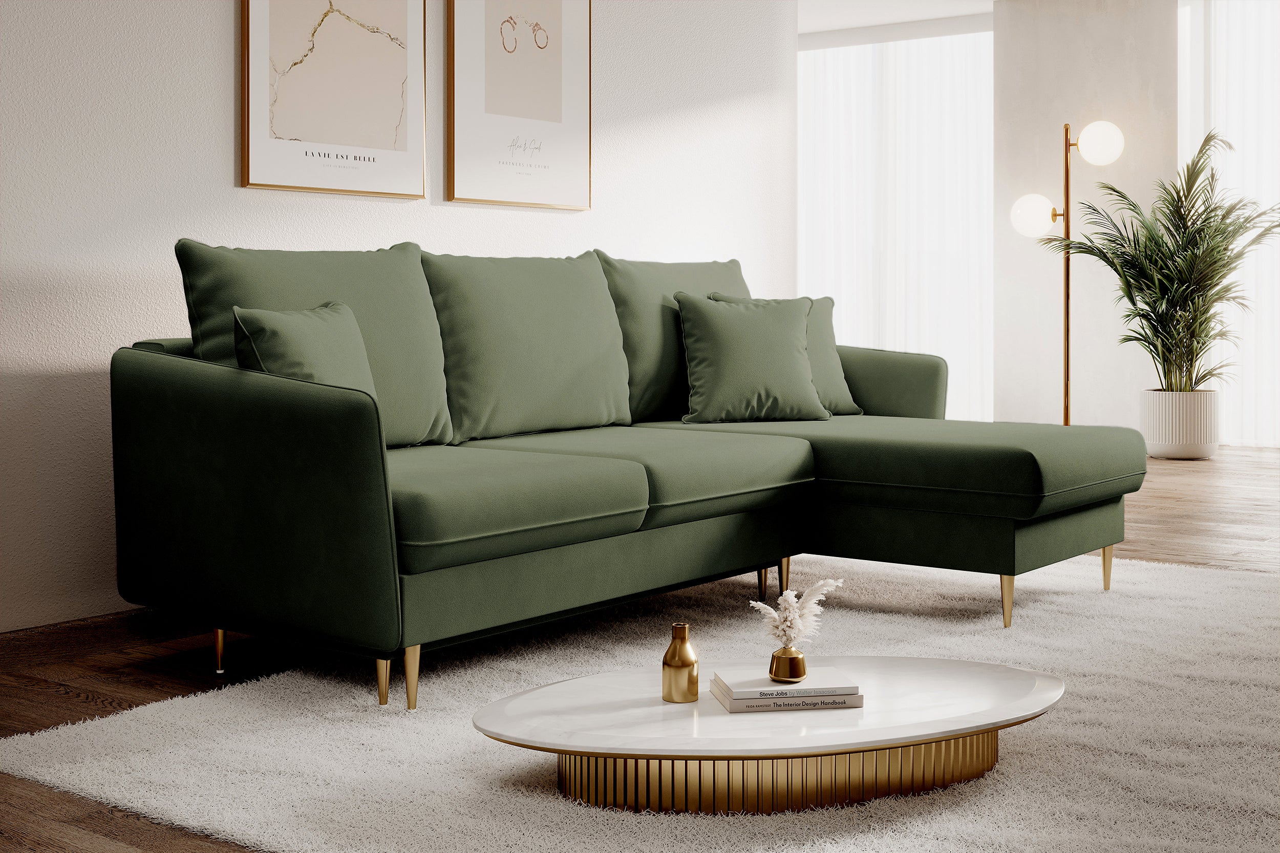 Ecksofa mit Schlaffunktion Volio, salbeigrüner wasserabweisender Samt, universell, goldene Beine