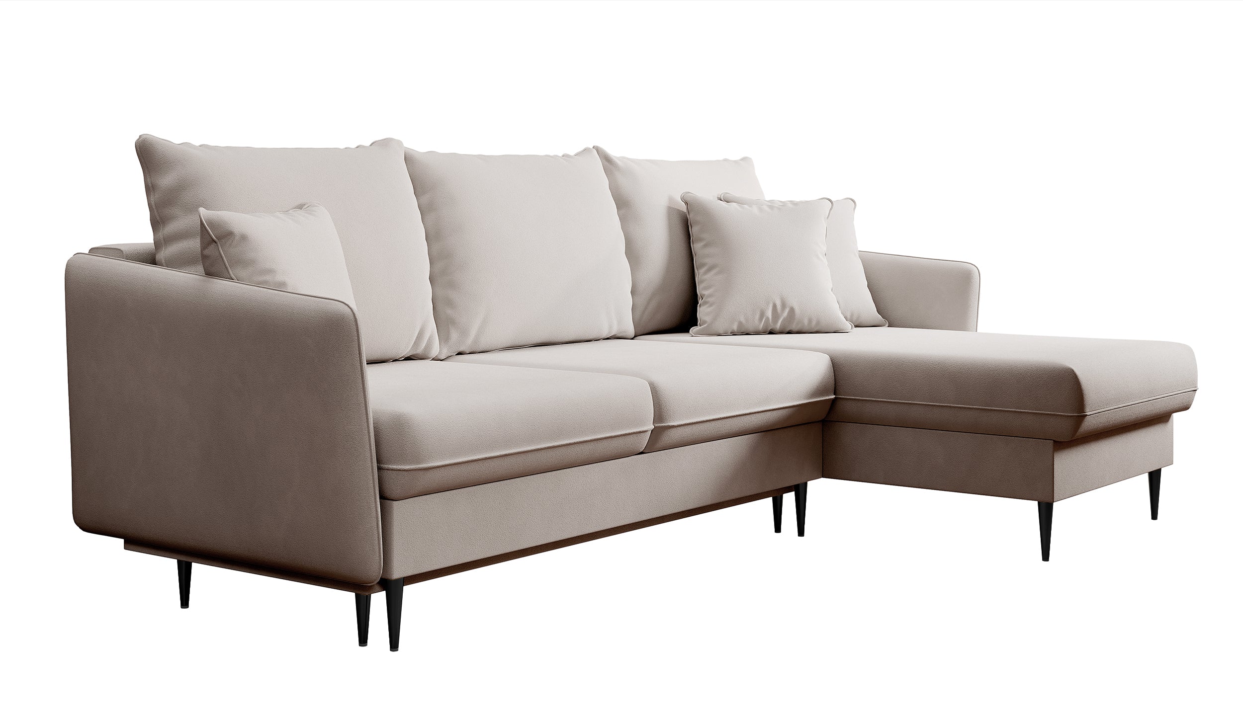Ecksofa mit Schlaffunktion Volio, beige Samt, wasserabweisend, schwarze Beine
