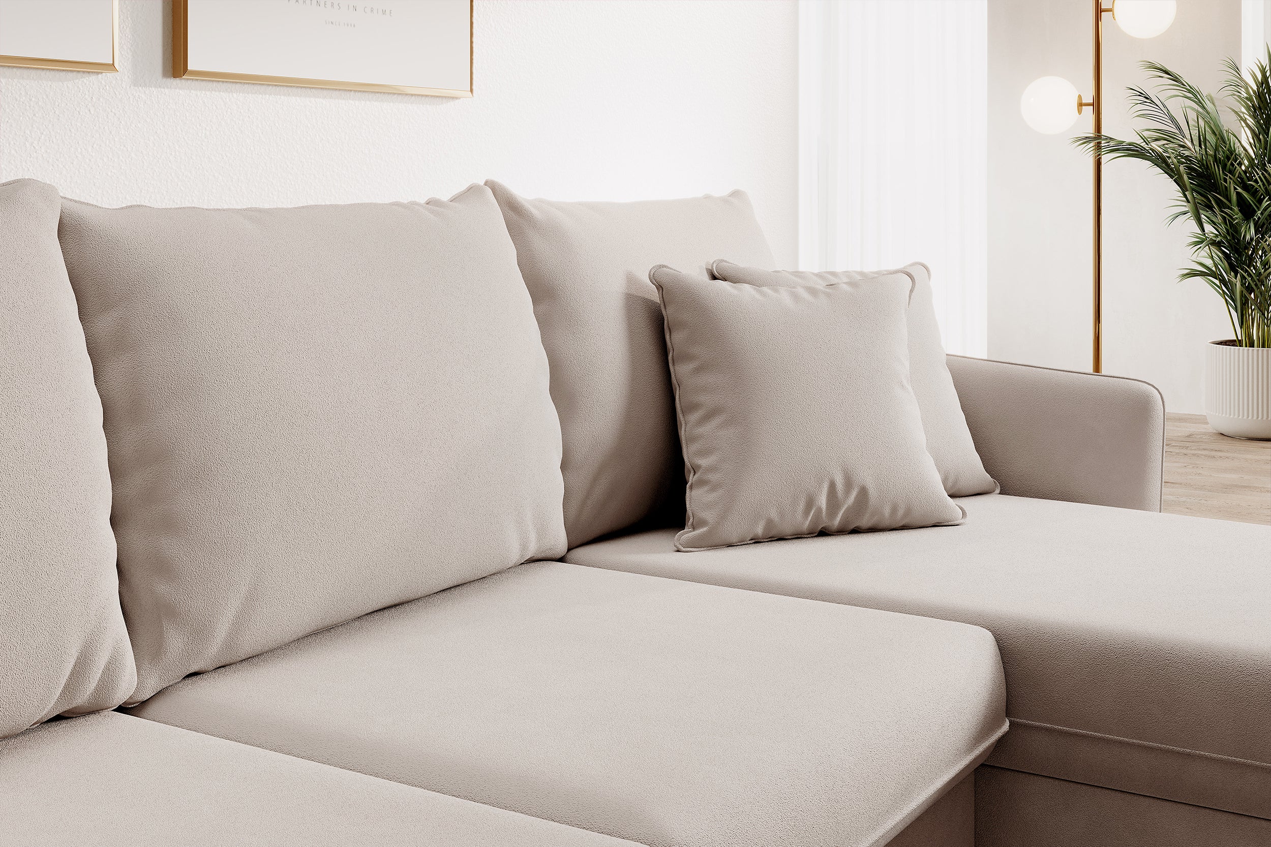 Ecksofa mit Schlaffunktion Volio, beige Samt, wasserabweisend, schwarze Beine