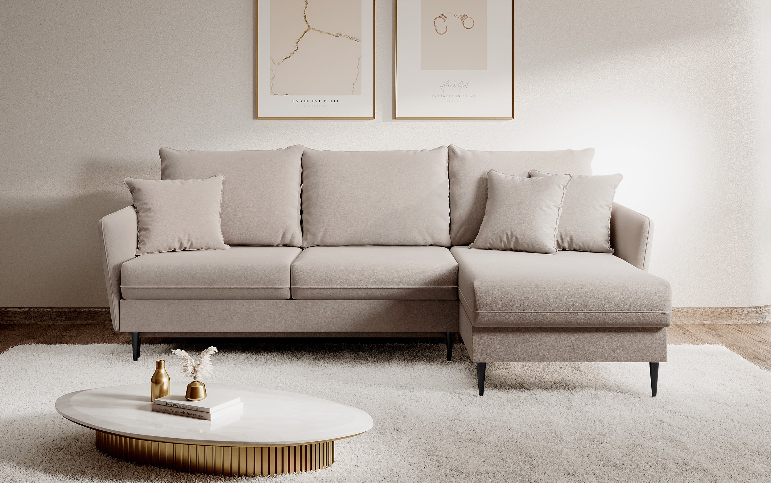 Ecksofa mit Schlaffunktion Volio, beige Samt, wasserabweisend, schwarze Beine