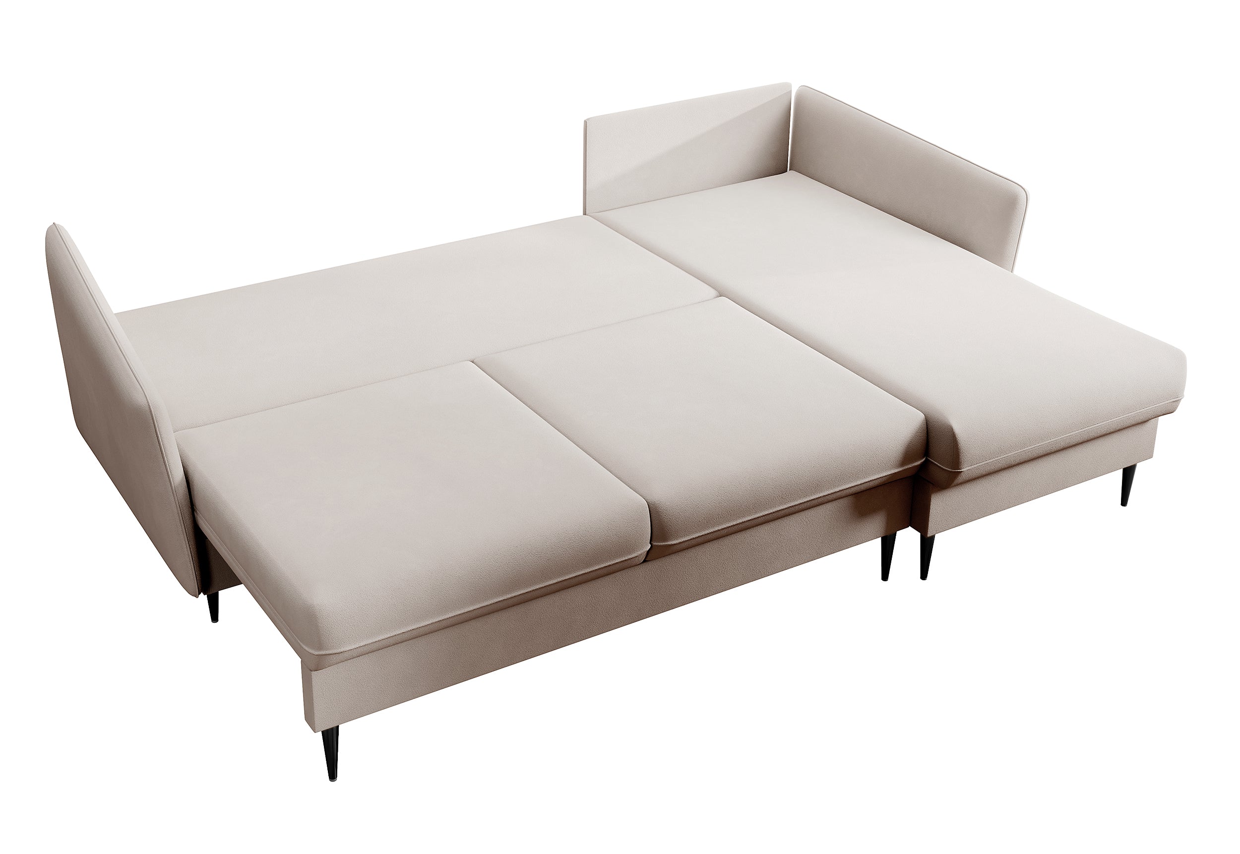 Ecksofa mit Schlaffunktion Volio, beige Samt, wasserabweisend, schwarze Beine