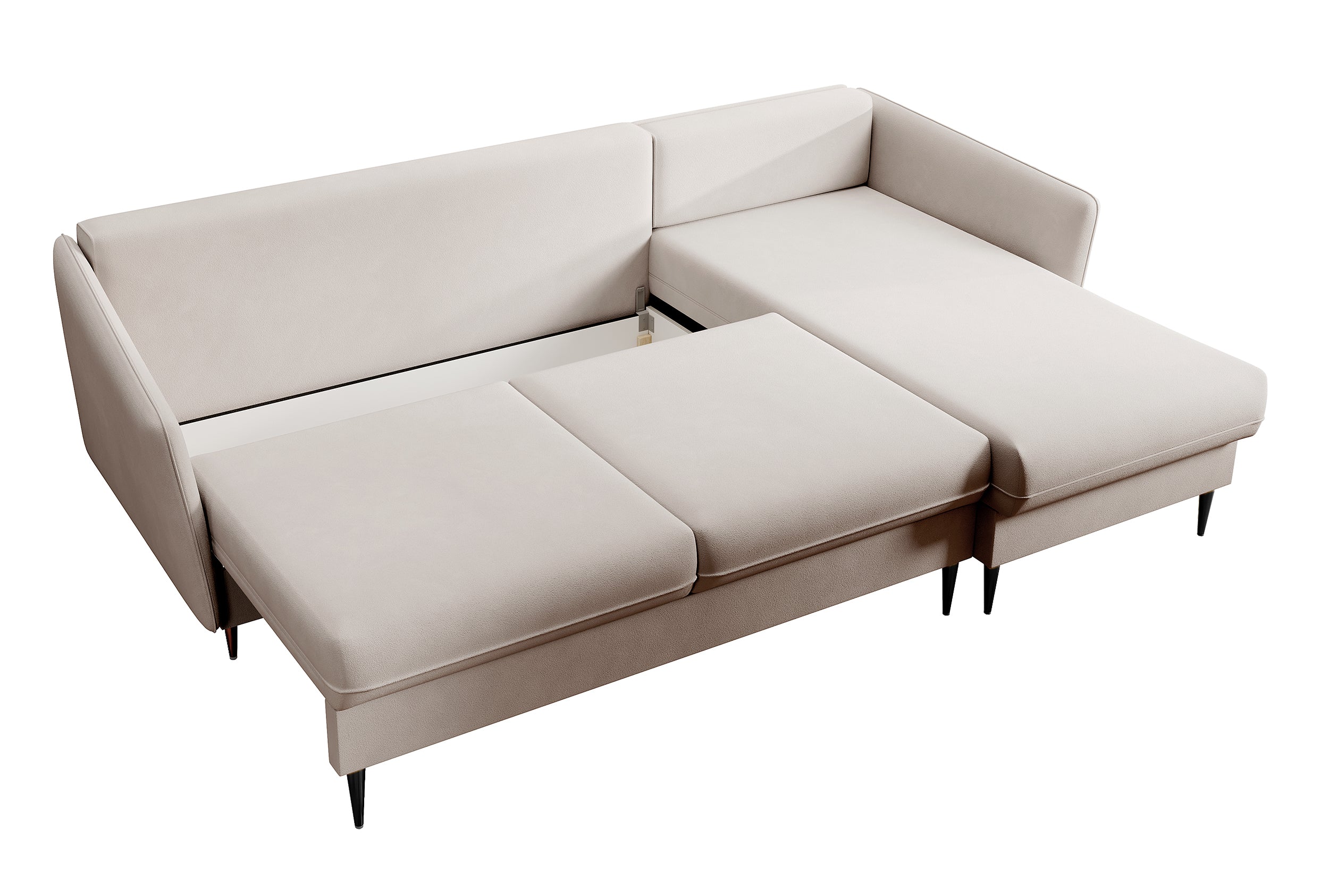 Ecksofa mit Schlaffunktion Volio, beige Samt, wasserabweisend, schwarze Beine
