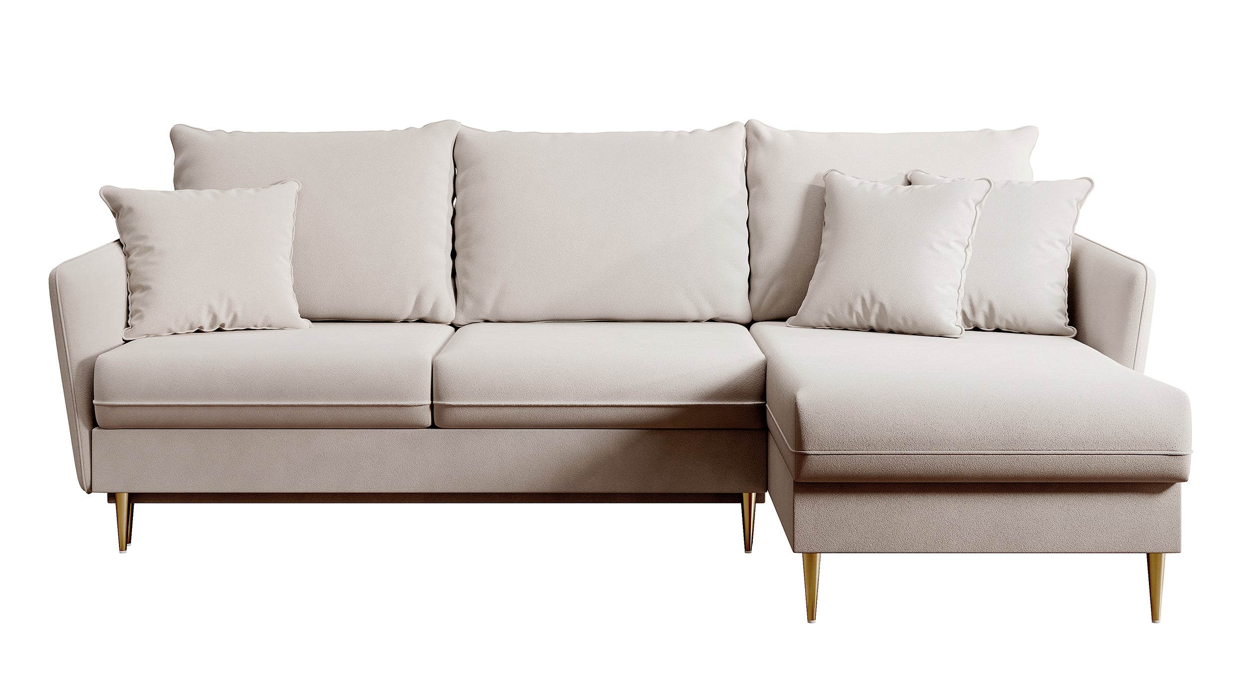 Ecksofa mit Schlaffunktion Volio, beige, wasserabweisender Samt, goldene Beine