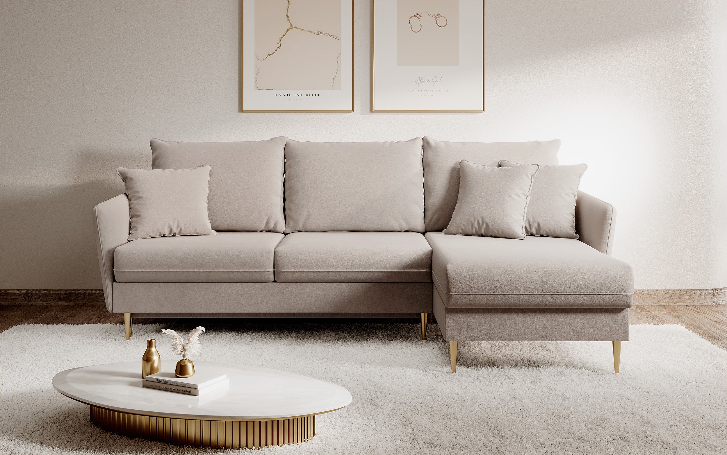 Ecksofa mit Schlaffunktion Volio, beige, wasserabweisender Samt, goldene Beine