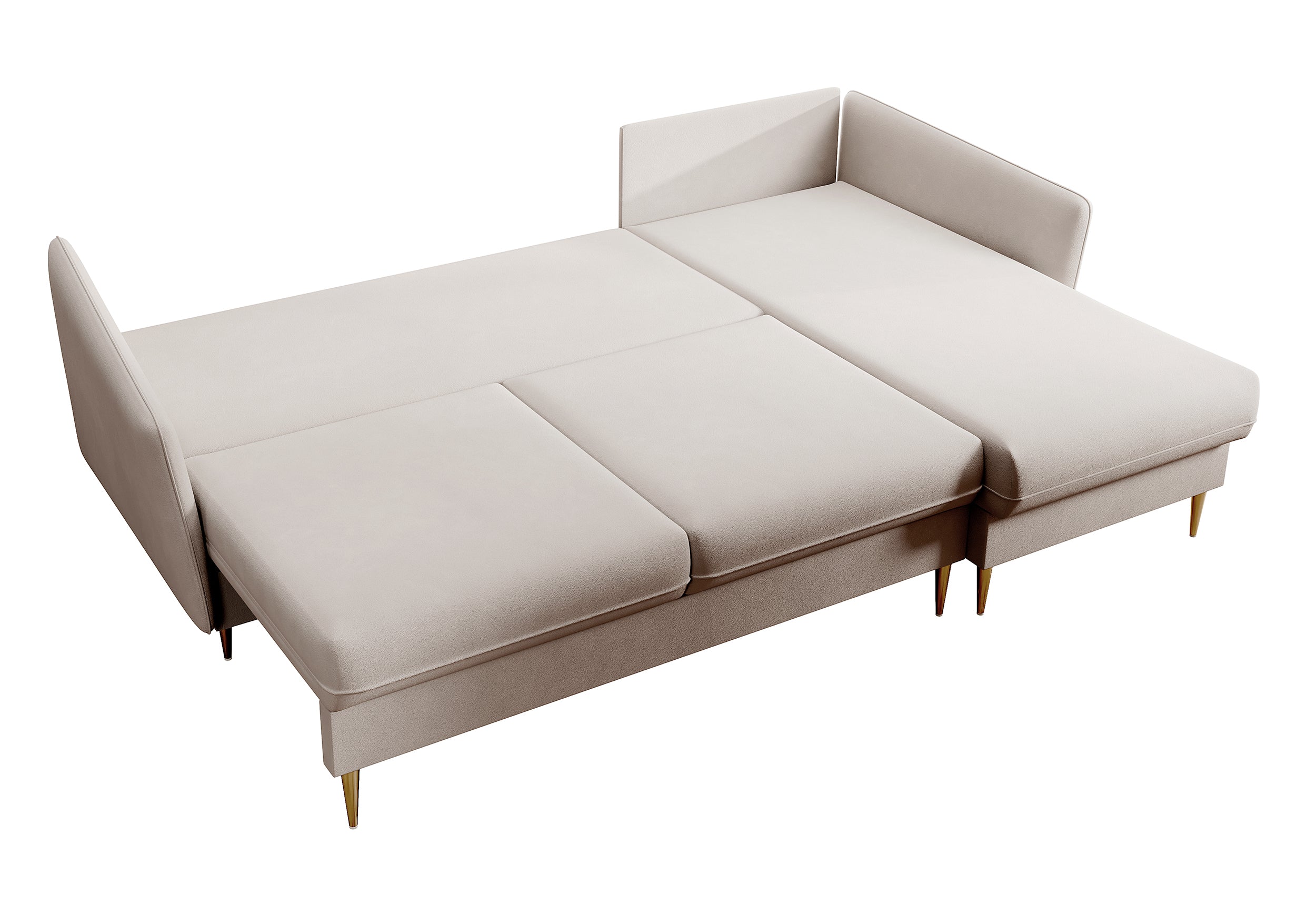 Ecksofa mit Schlaffunktion Volio, beige, wasserabweisender Samt, goldene Beine