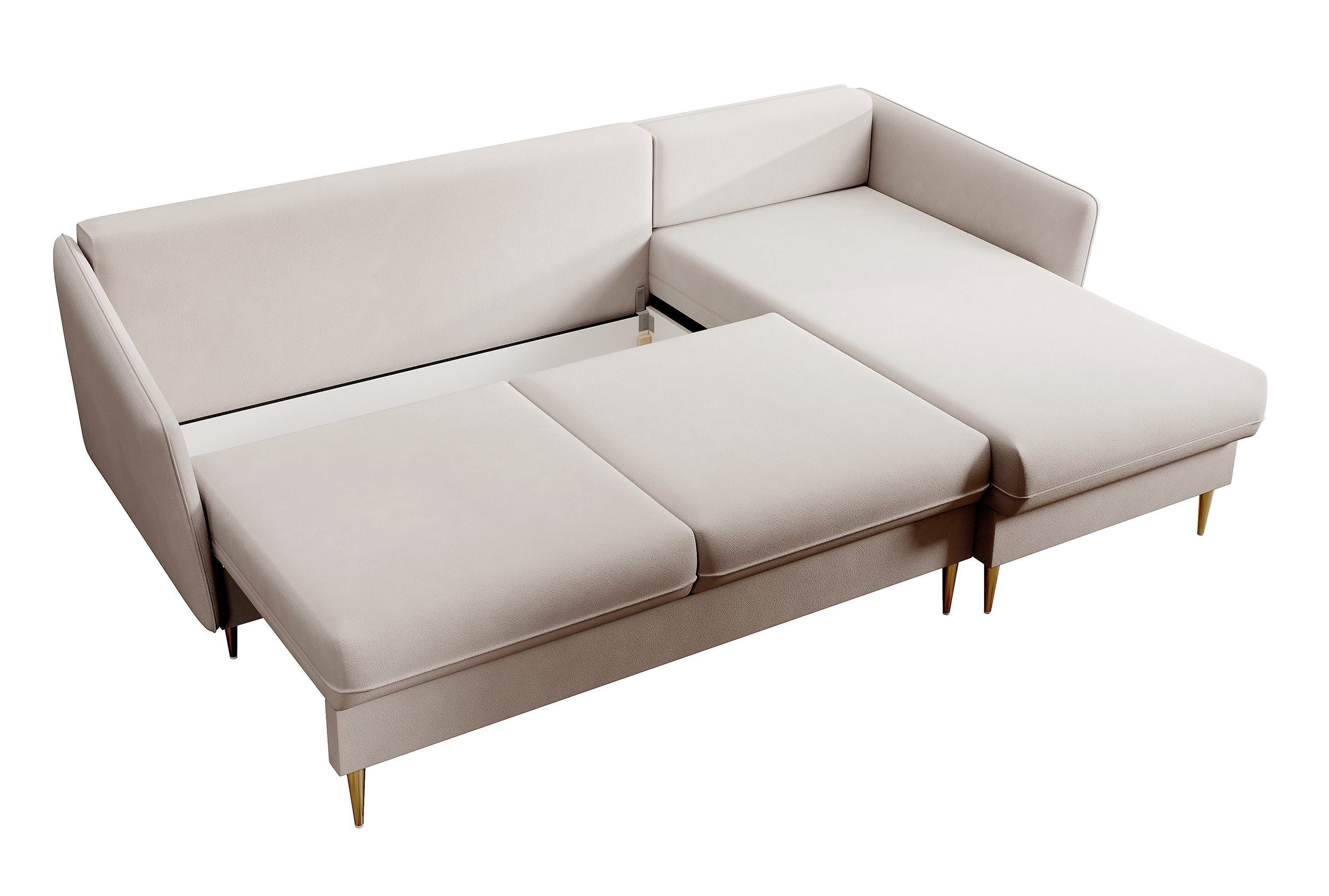 Ecksofa mit Schlaffunktion Volio, beige, wasserabweisender Samt, goldene Beine