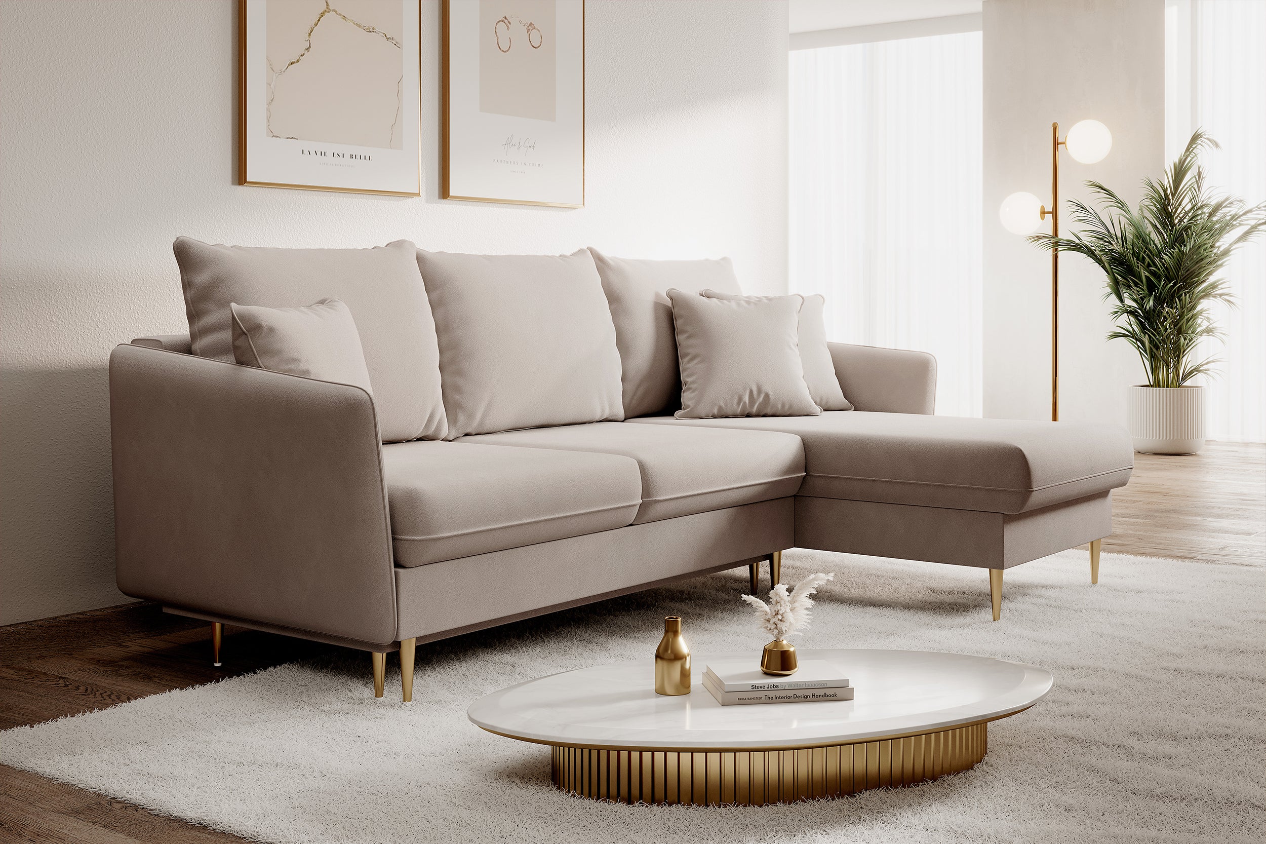 Ecksofa mit Schlaffunktion Volio, beige, wasserabweisender Samt, goldene Beine