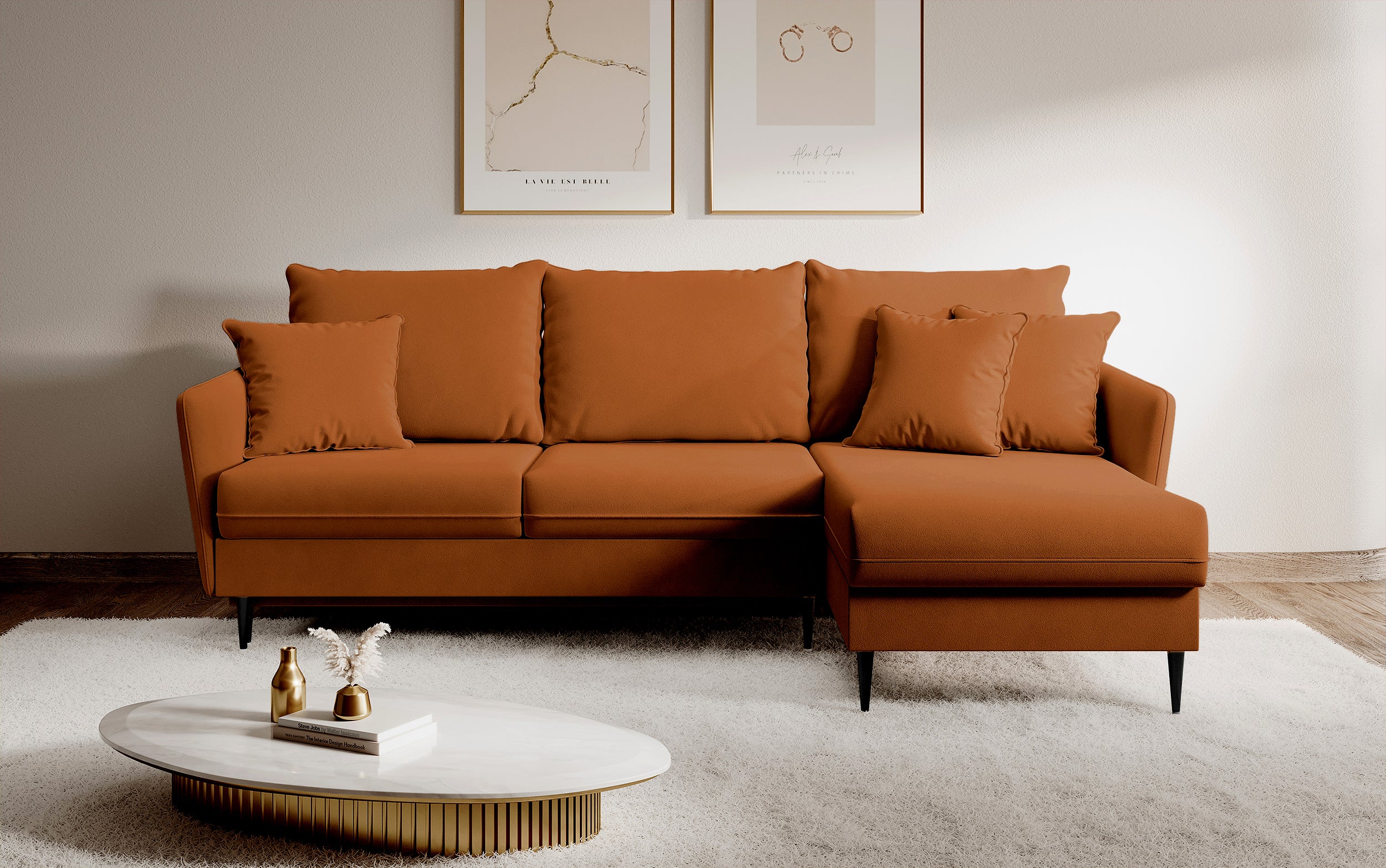 Ecksofa mit Schlaffunktion Volio, kupferfarbener wasserabweisender Samt, universell, schwarze Beine