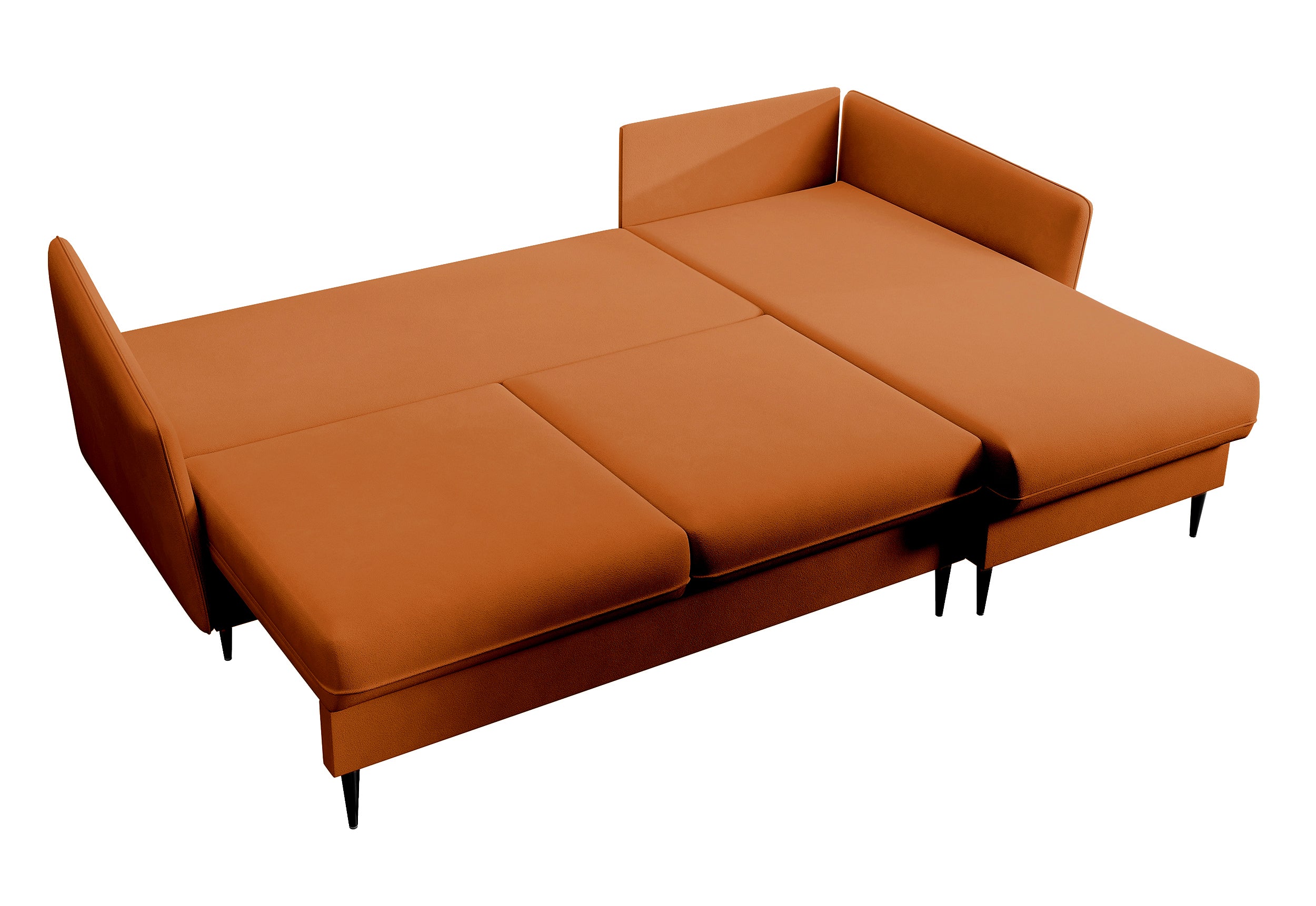 Ecksofa mit Schlaffunktion Volio, kupferfarbener wasserabweisender Samt, universell, schwarze Beine